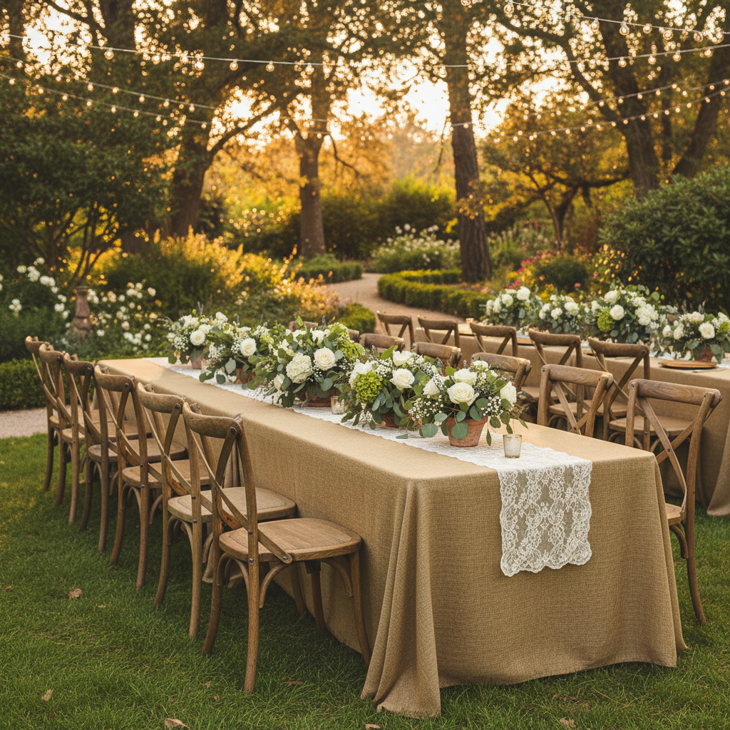 Outdoor garden wedding natural tan burlap