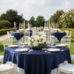Outdoor Garden Wedding Navy Blue Square Satin Table Overlay