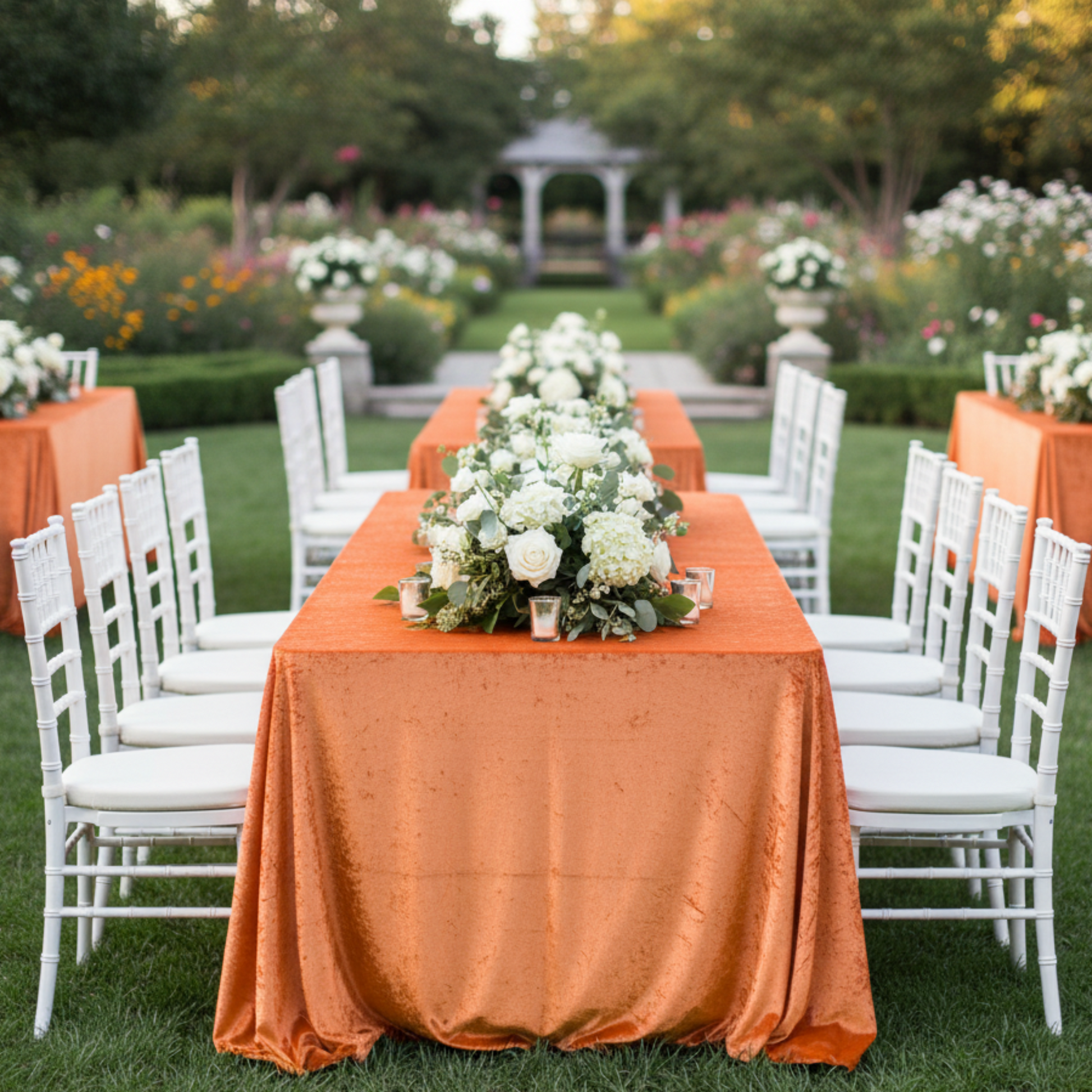 Outdoor garden wedding with orange velvet tablecloths