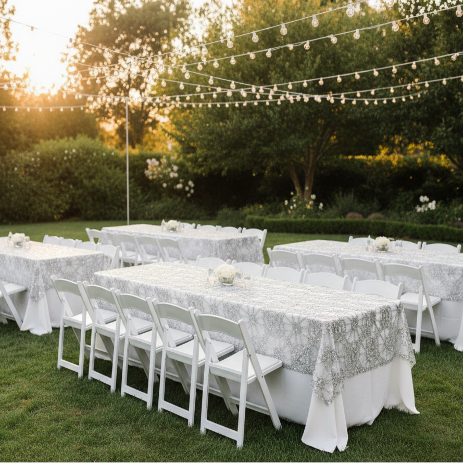 Outdoor garden wedding reception with silver lace table overlay