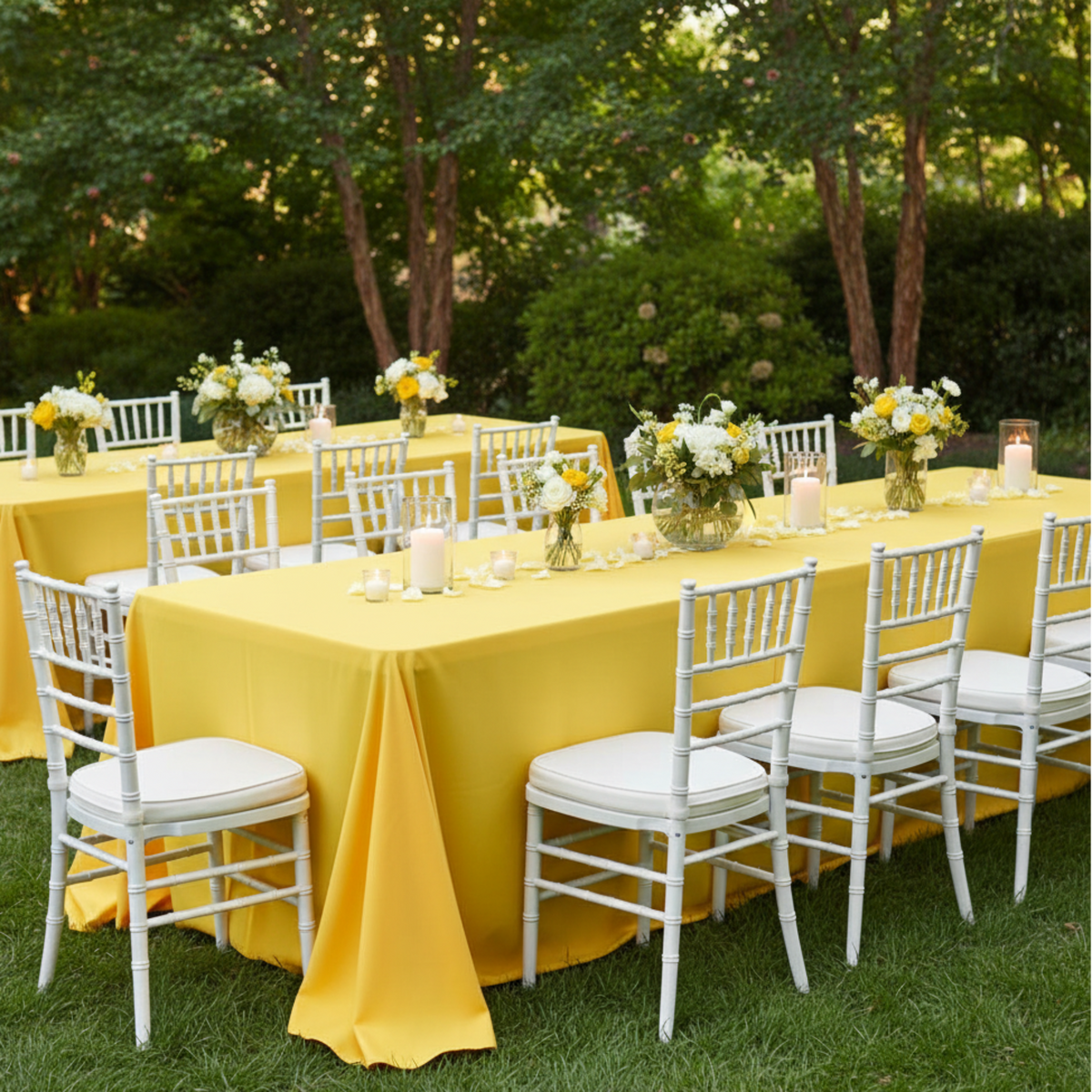Outdoor garden wedding reception with yellow tablecloths