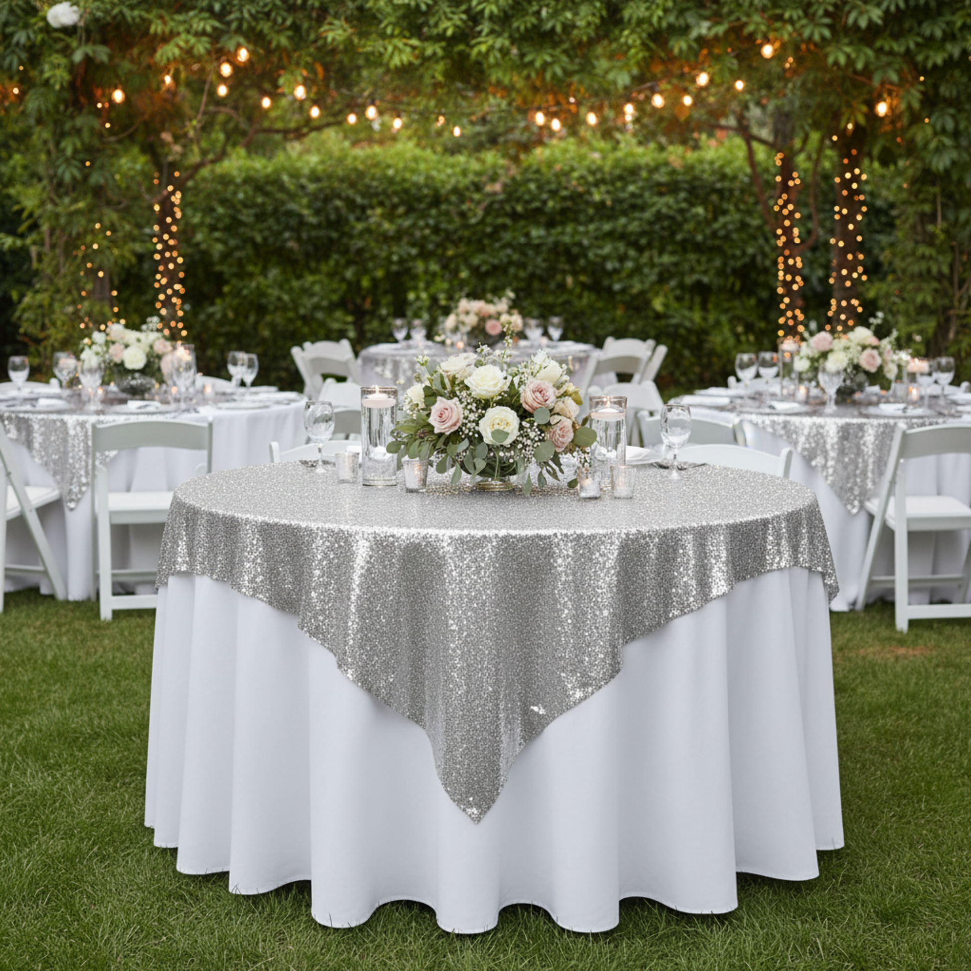 Outdoor Garden Wedding - Round Table Silver Sequin Overlay