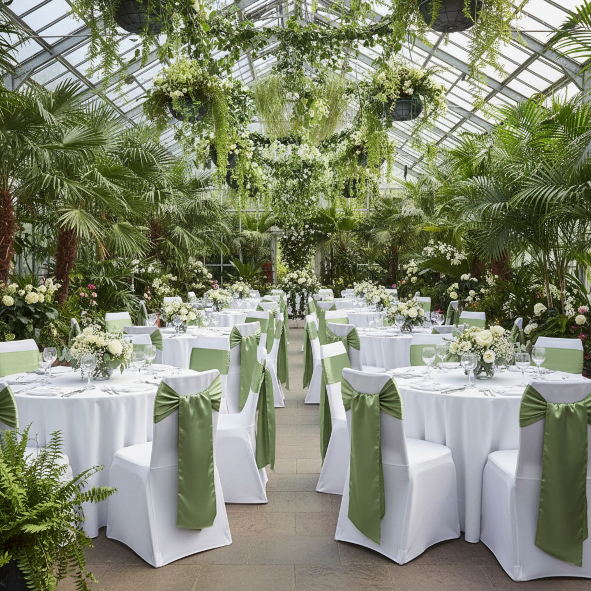 Outdoor greenhouse botanical wedding reception with willow green satin chair sashes