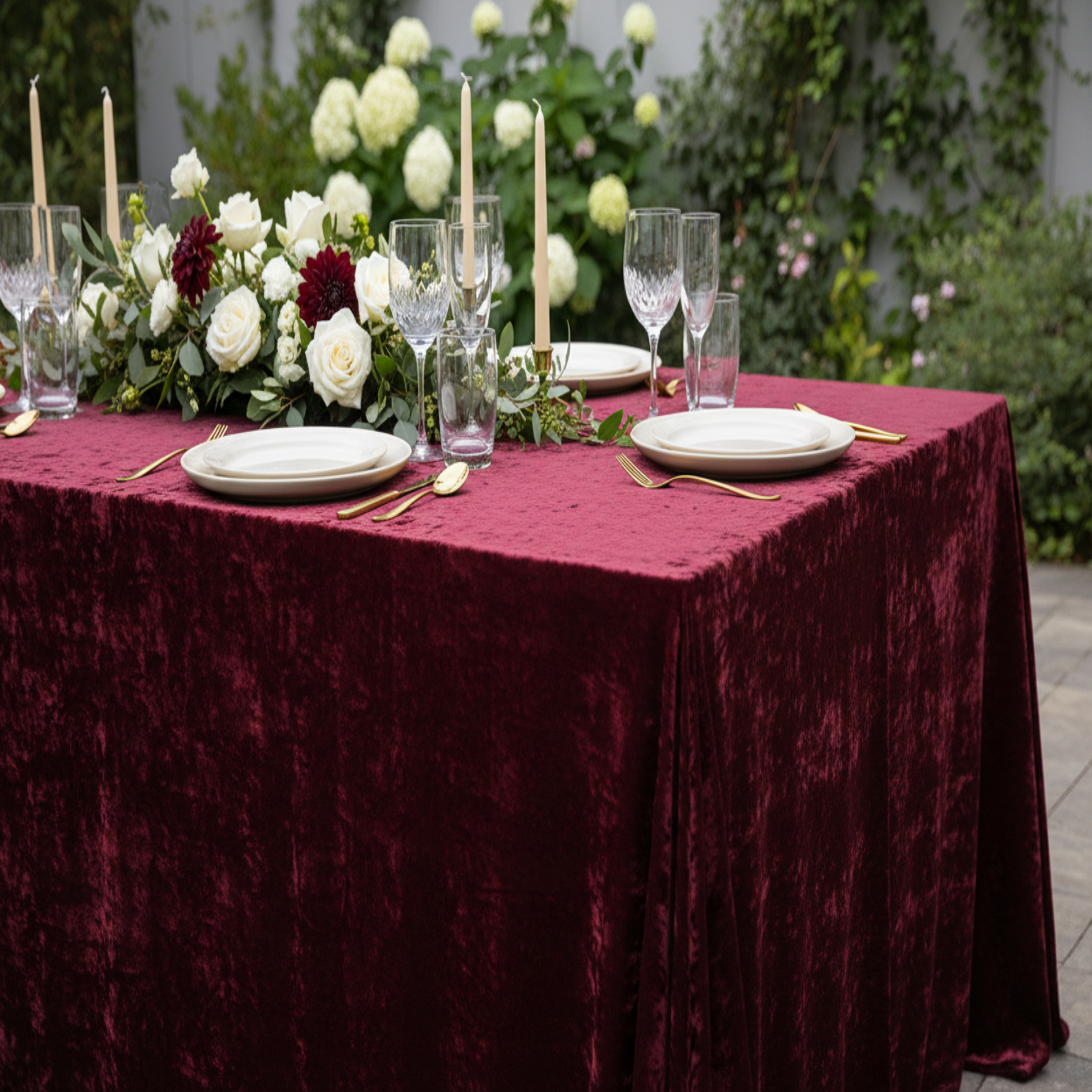 Outdoor Lifestyle with Velvet Burgundy 90x132 Rectangular Tablecloth