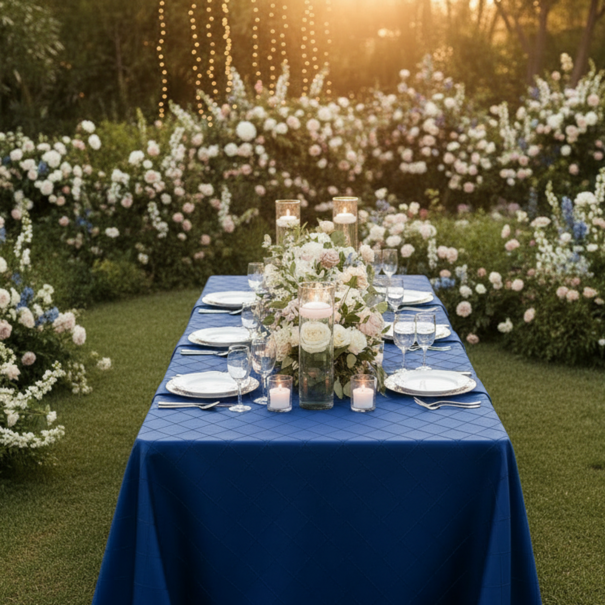 Outdoor Lifestyle Navy Blue Pintuck 90x156 Rectangular Tablecloth