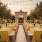 Outdoor patio gala at dusk with canary yellow tablecloths