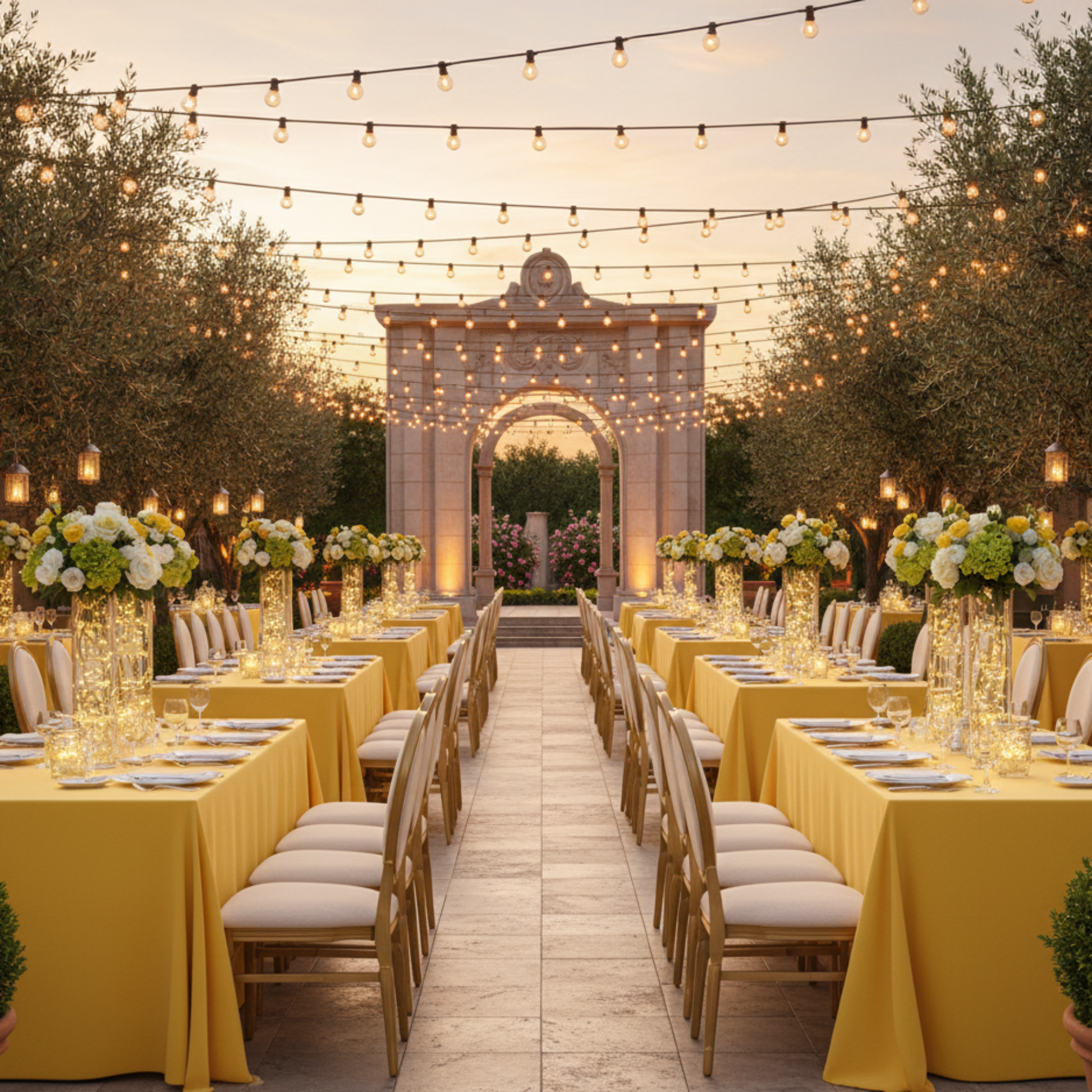 Outdoor patio gala at dusk with canary yellow tablecloths