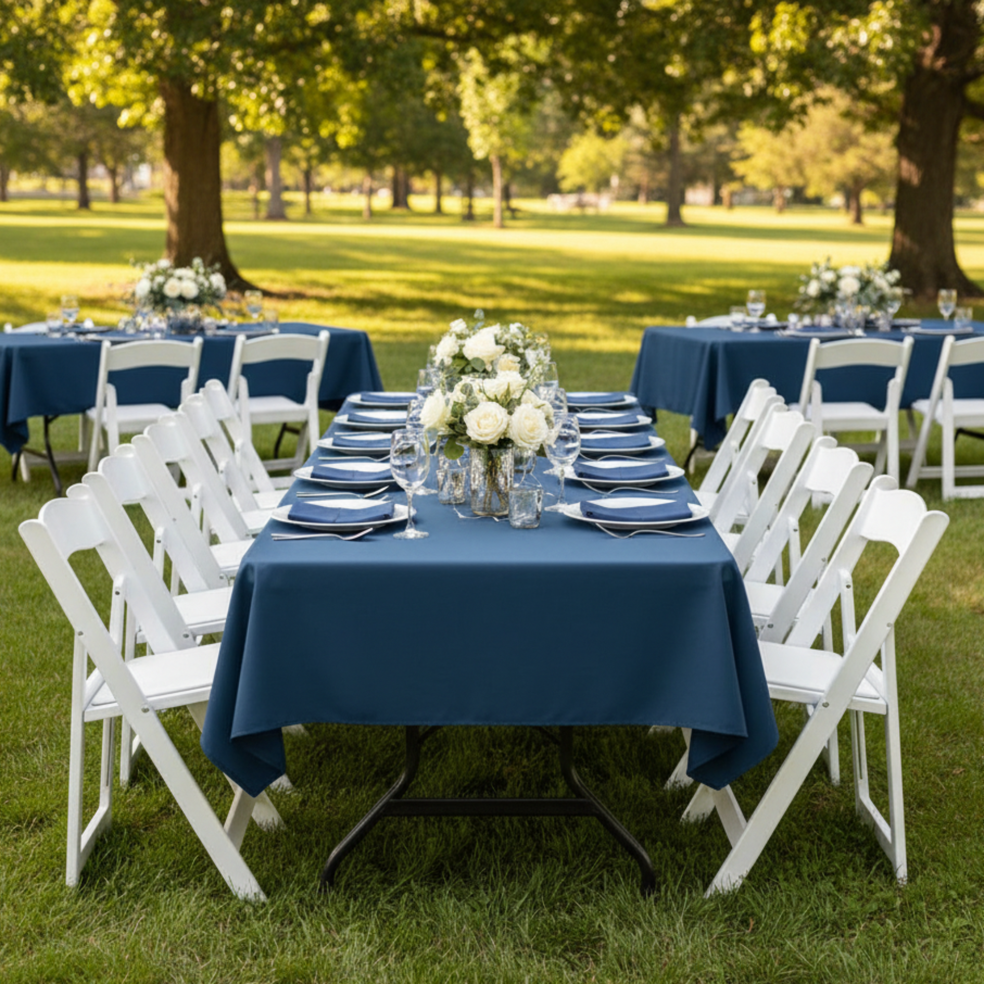 Outdoor Picnic Navy Blue Tablecloth with legs showing