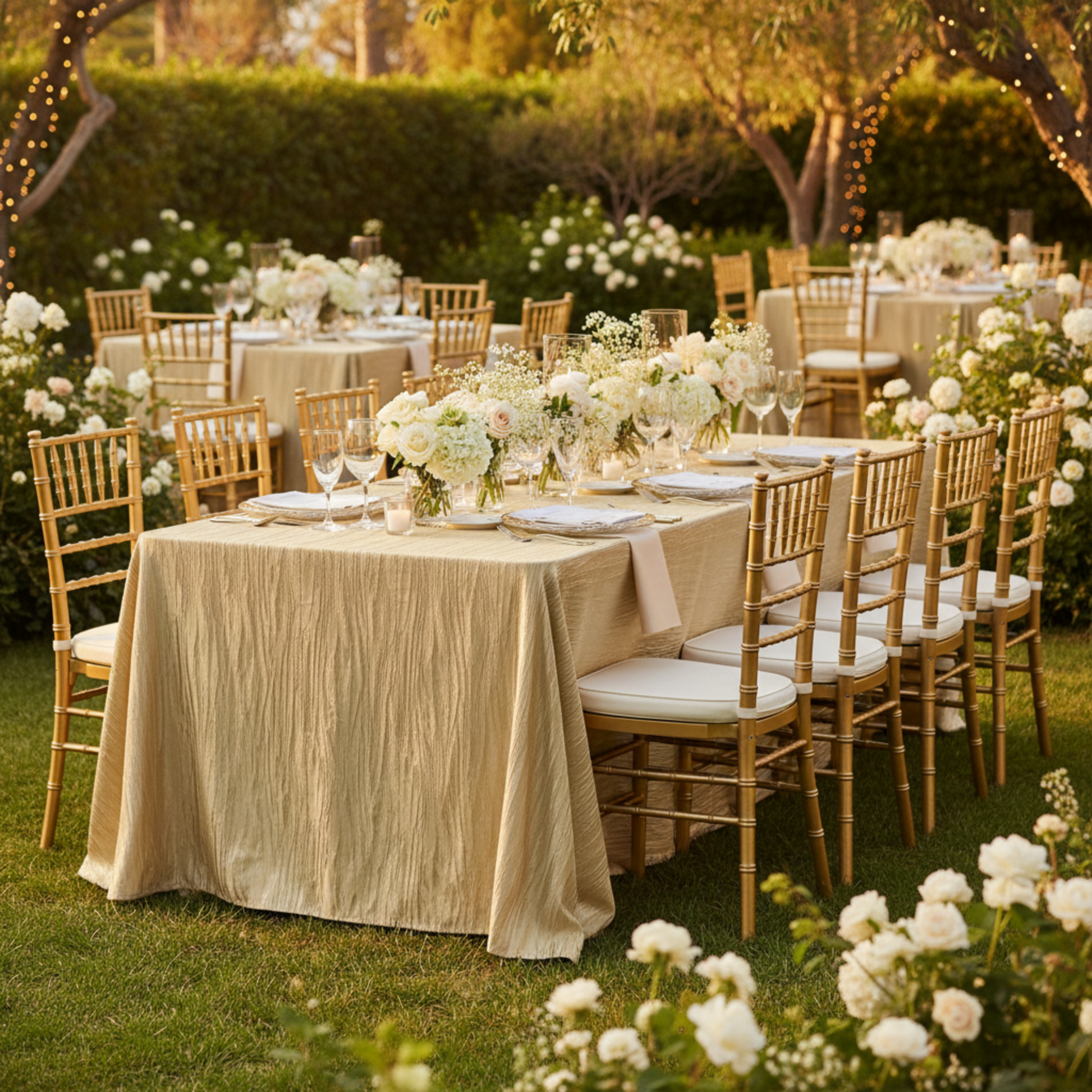 Outdoor Ballroom Reception – Champagne Accordion Crinkle Taffeta 90x156 Rectangular Tablecloth 