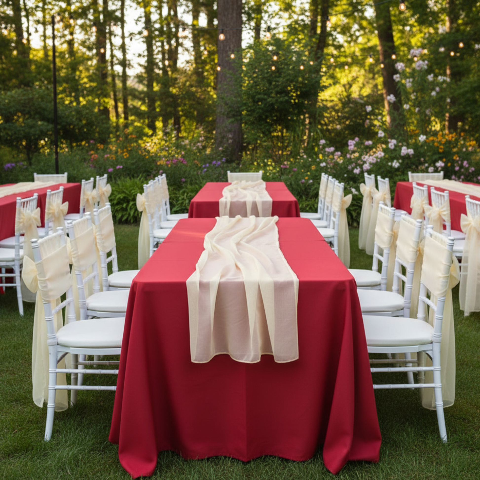 Outdoor Garden - Red Tablecloth, Ivory Chiffon Runner & Chair Sash