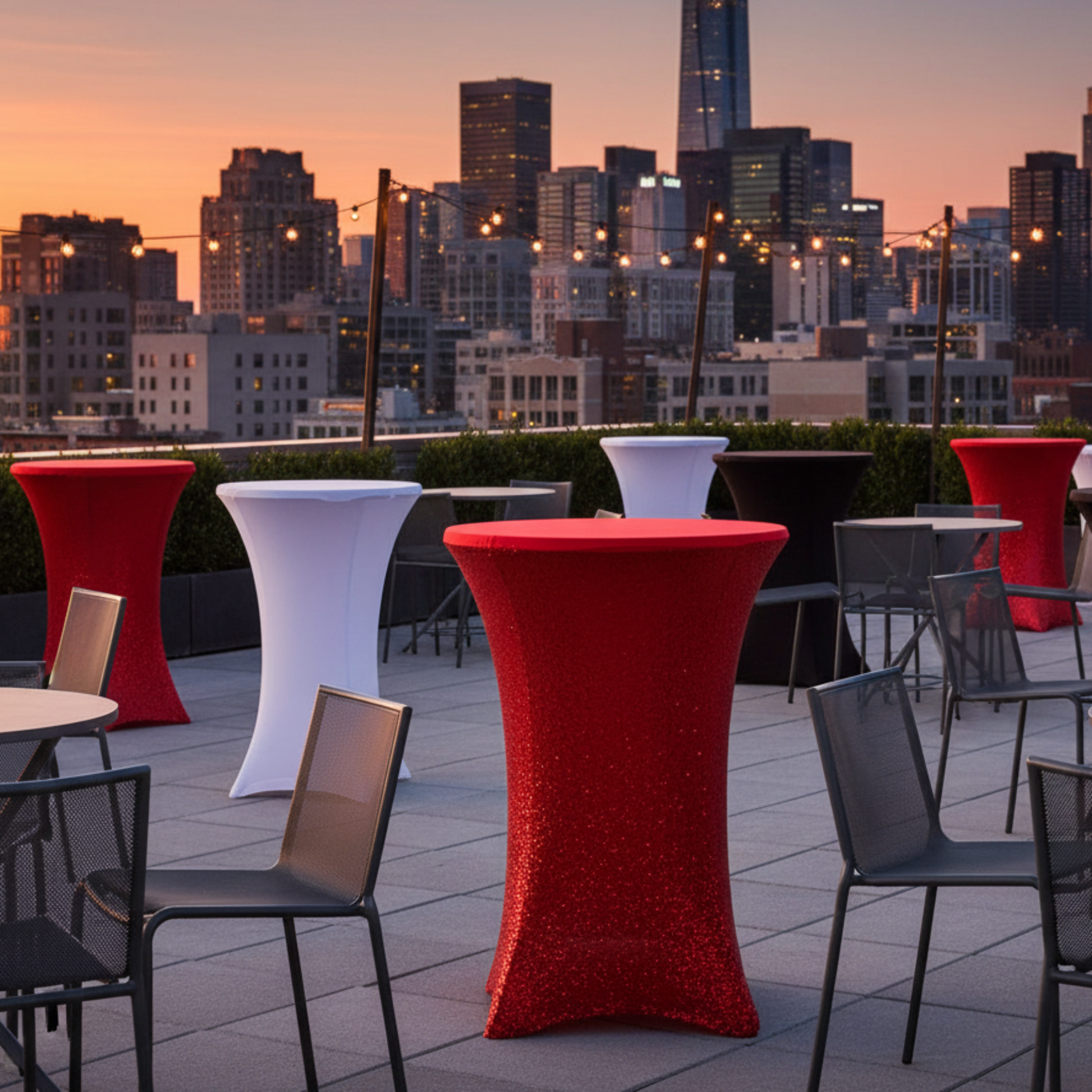 Outdoor rooftop event with city skyline