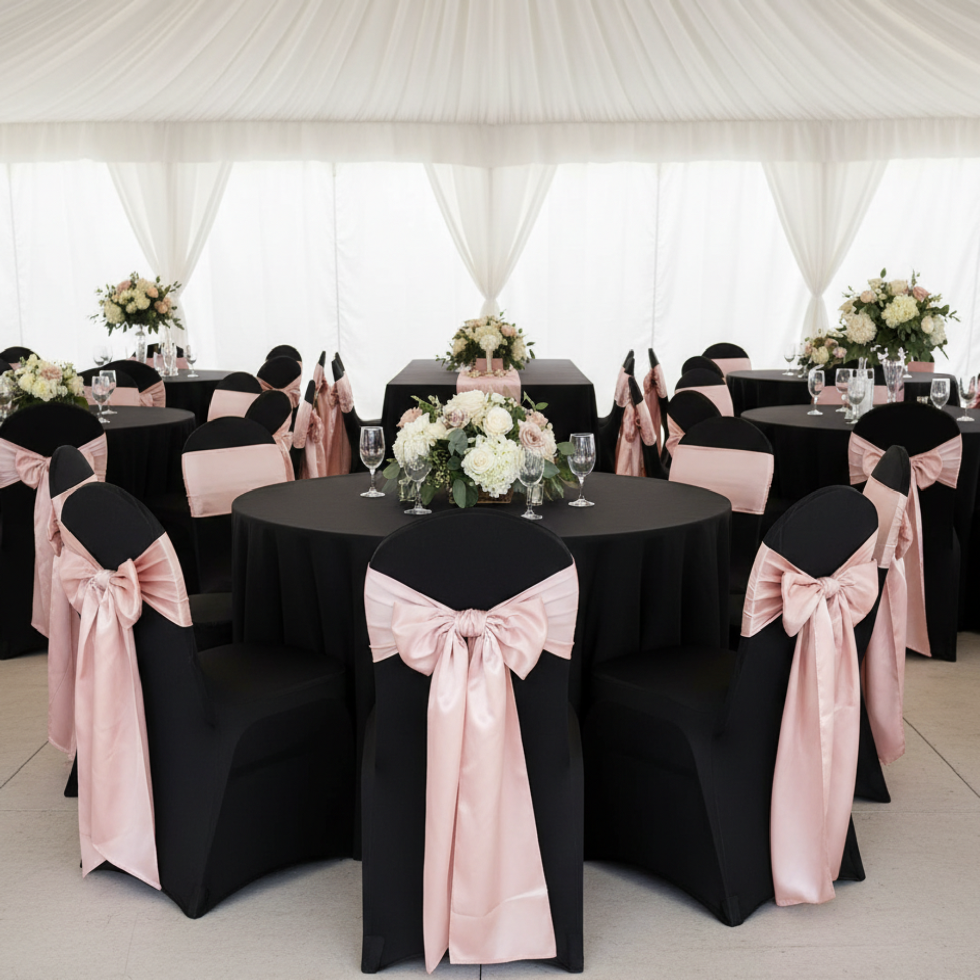Outdoor Tent - Blush Sash on Black Chair Cover