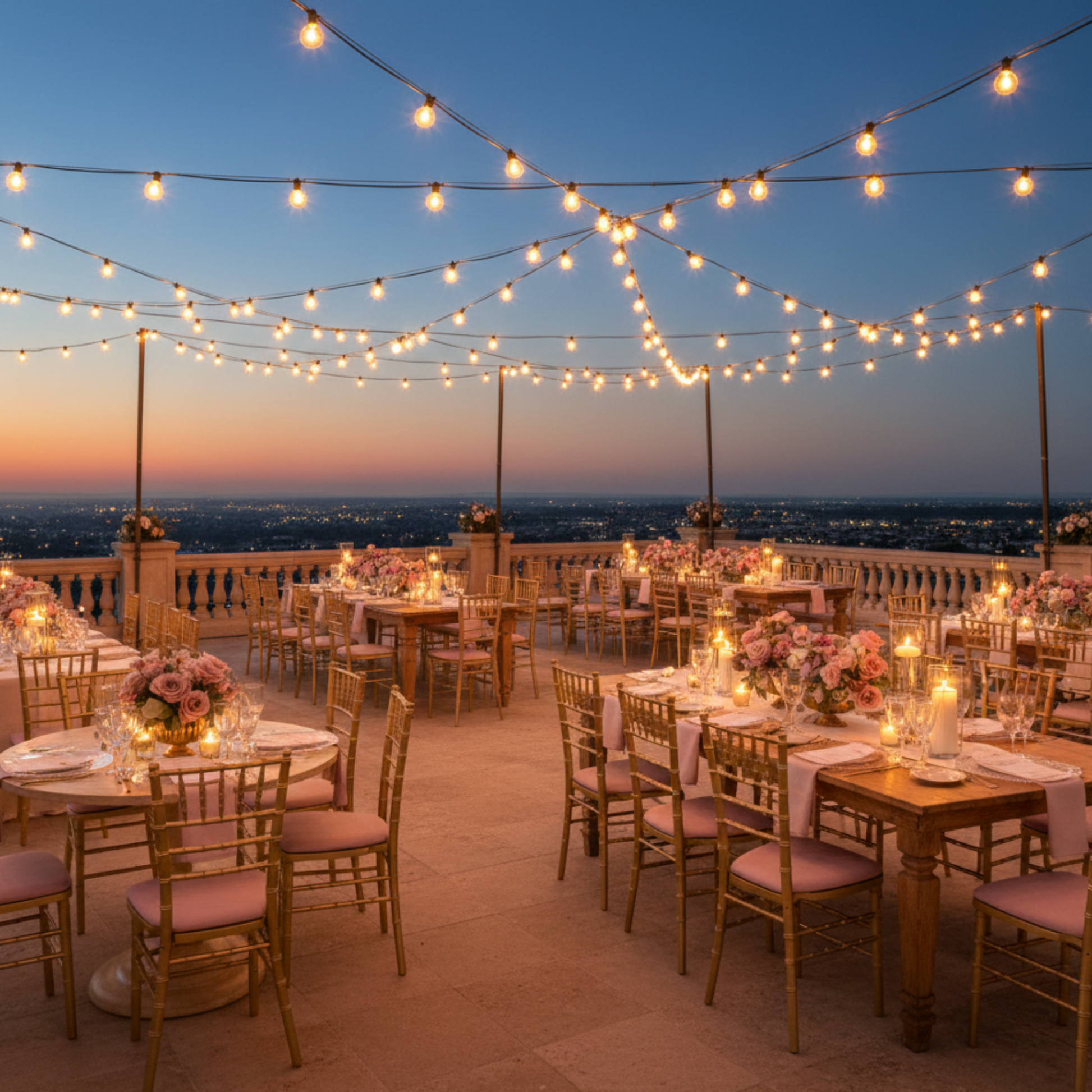 Outdoor terrace evening event with dusty rose Chiavari seat pad covers