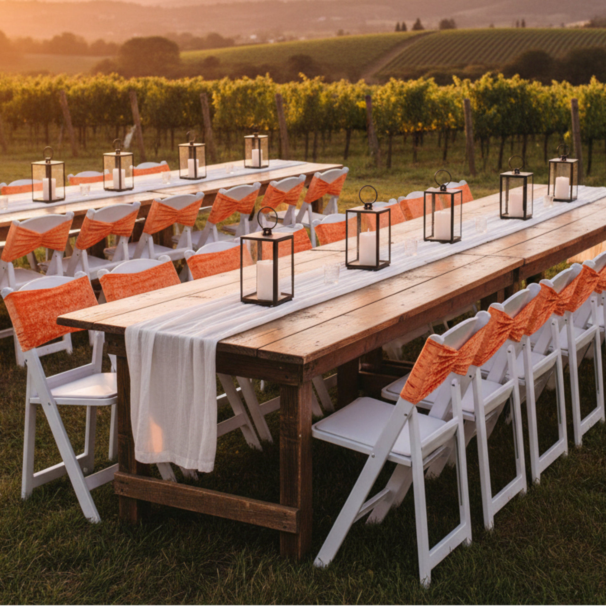 Outdoor vineyard dinner with orange velvet ruffle chair bands