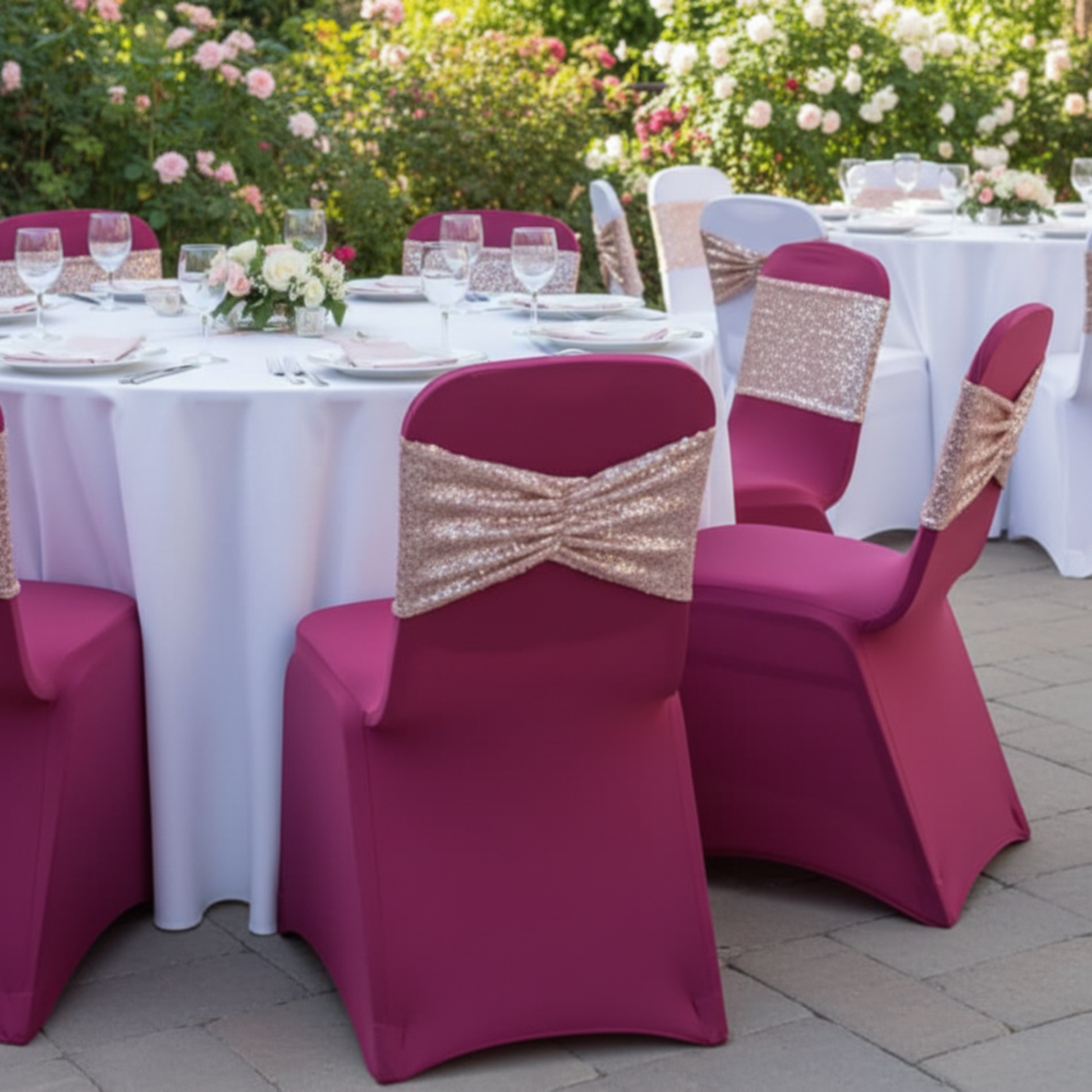 Outdoor wedding reception with blush rose gold spandex ruffled sequin chair band