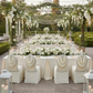 Outdoor wedding reception banquet hall with ivory swag back ruched banquet chair cover