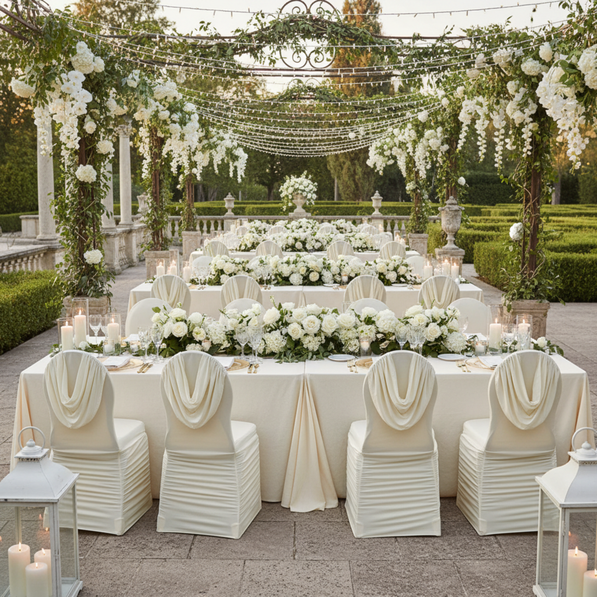 Outdoor wedding reception banquet hall with ivory swag back ruched banquet chair cover