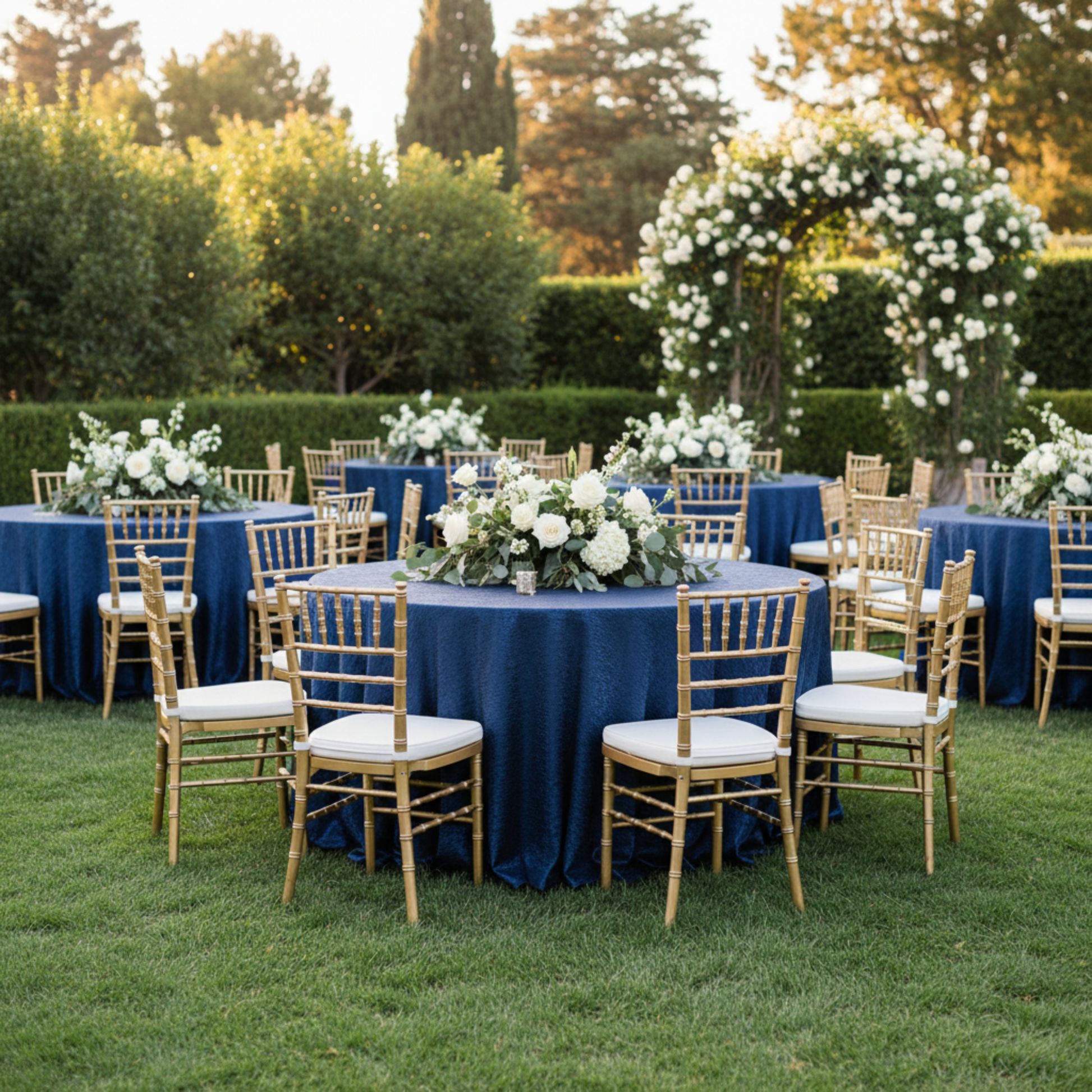 Outdoor Wedding Reception – Navy Blue 132 Round Crinkle Shimmer Tablecloth