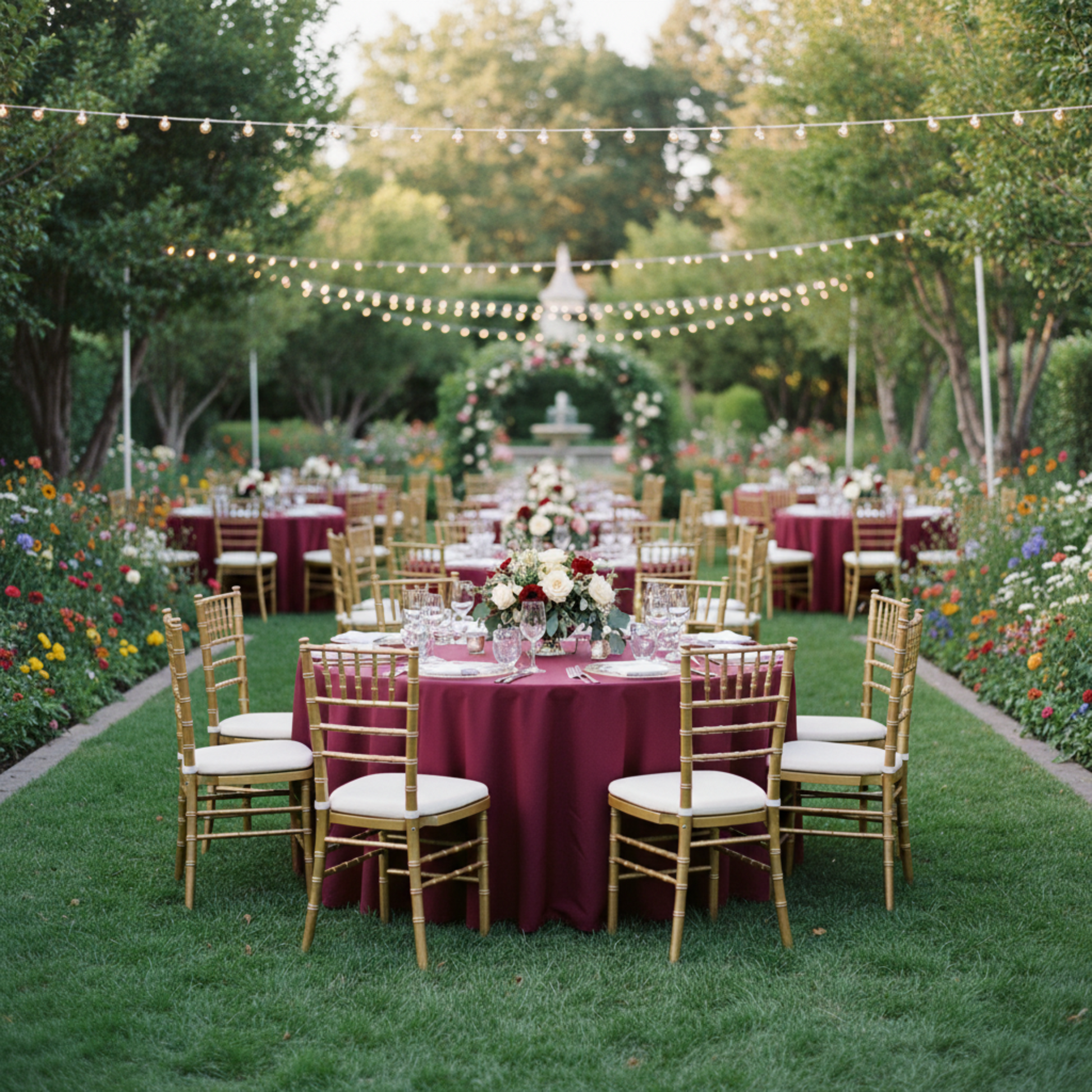 Outdoor Wedding Reception- Burgundy 120 Round Premium Polyester Tablecloth 