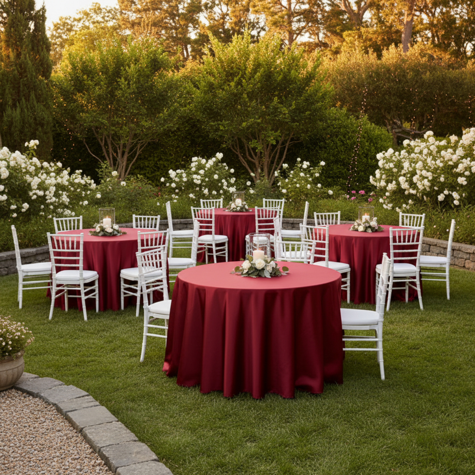 Outdoor Wedding Reception- 132 Round Satin Tablecloth Burgundy