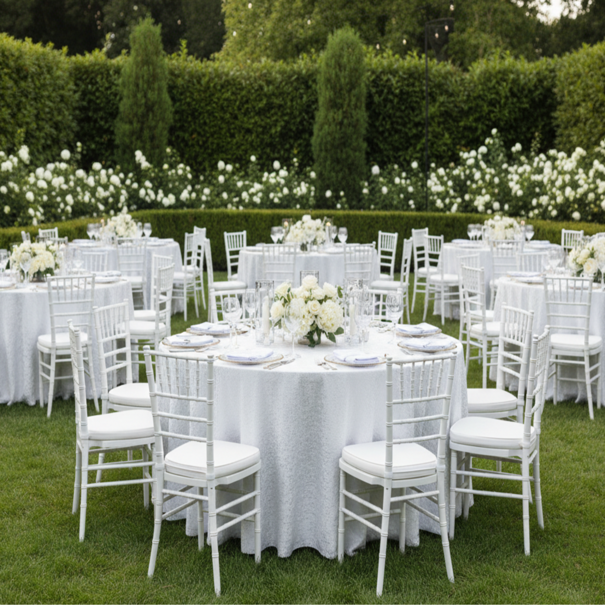 Outdoor Wedding Reception - White Crinkle Shimmer Round Tablecloth 