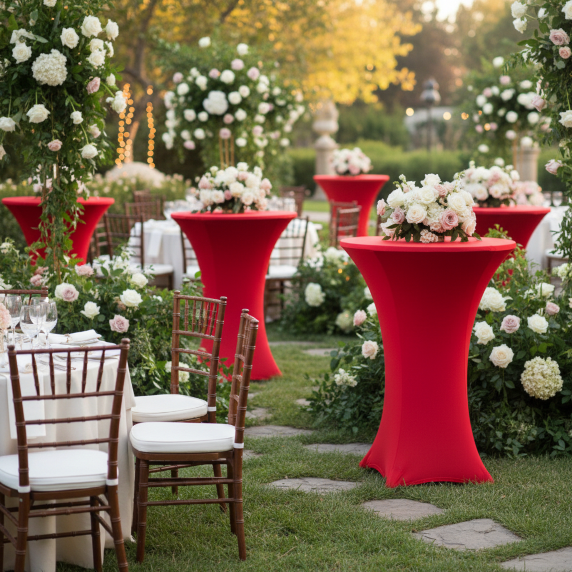 Outdoor Wedding Reception – Red 36in Spandex Cocktail Table Cover