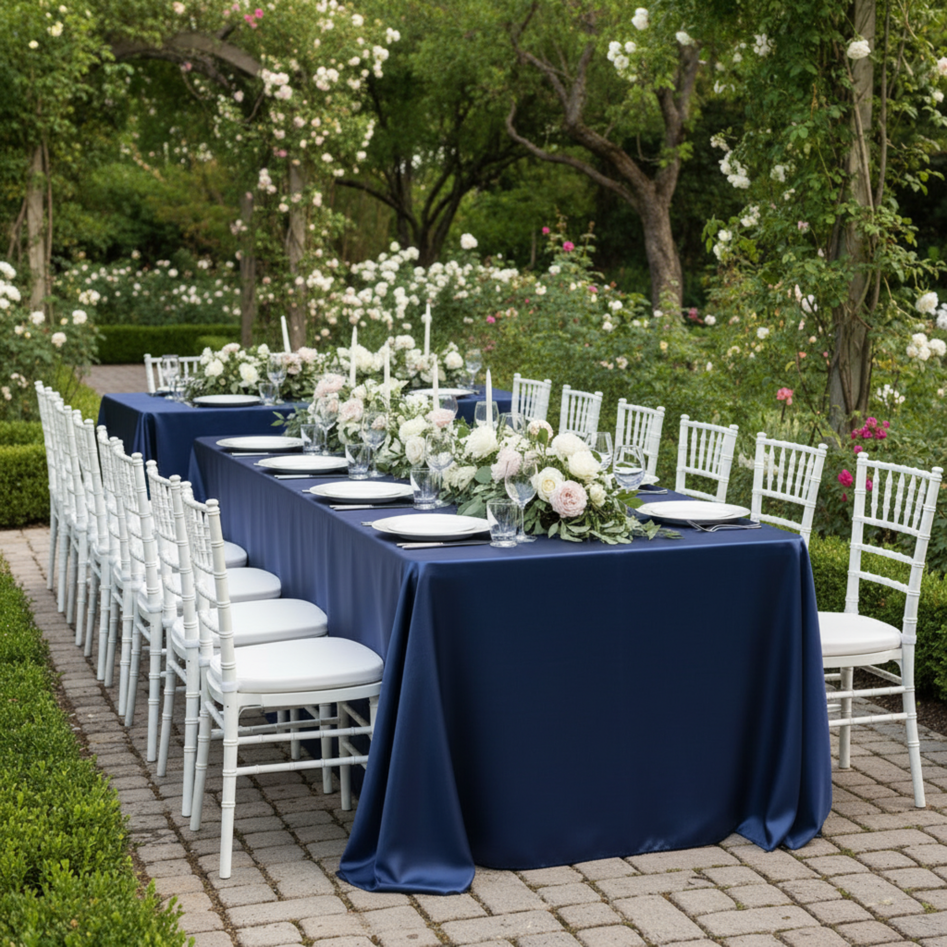 Outdoor Wedding Reception Navy Blue 90x132 Rectangular Satin Tablecloth