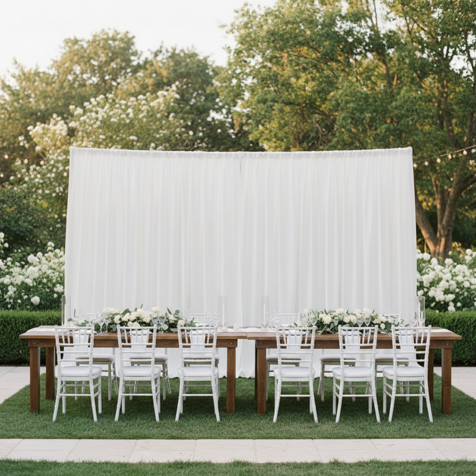 Outdoor Wedding Reception with 8ft poly premier drape