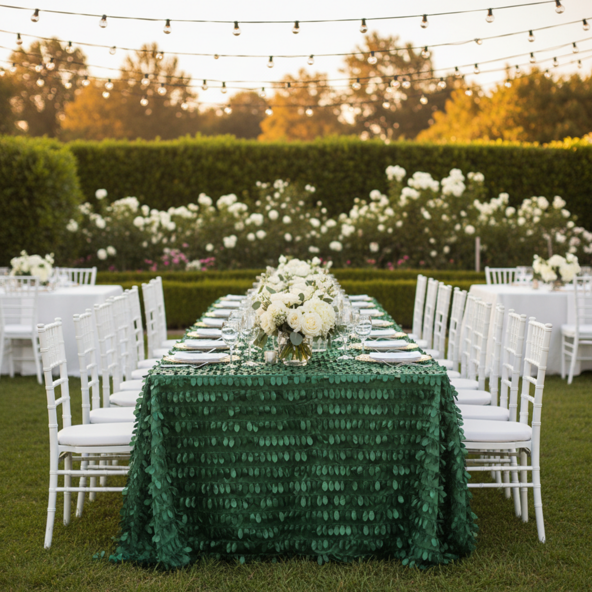 Outdoor Wedding Reception – 8ft Rectangular Emerald Green Leaf Petal Taffeta Tablecloth