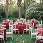 Outdoor Wedding Reception with Apple Red 120 Round Satin Tablecloth