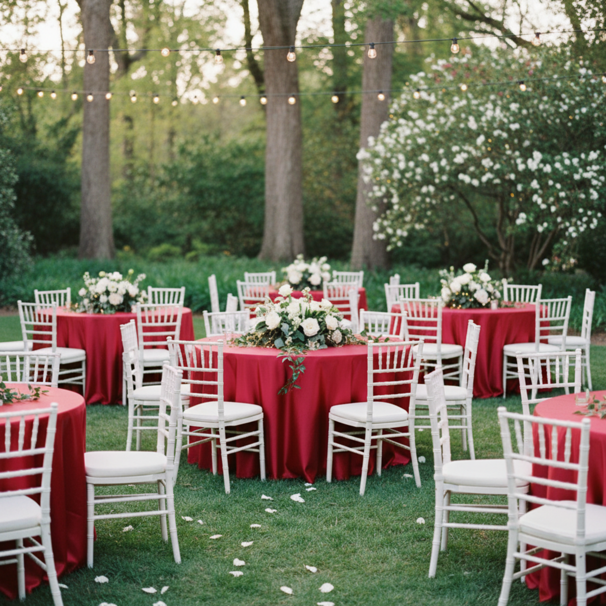 Outdoor Wedding Reception with Apple Red 120 Round Satin Tablecloth