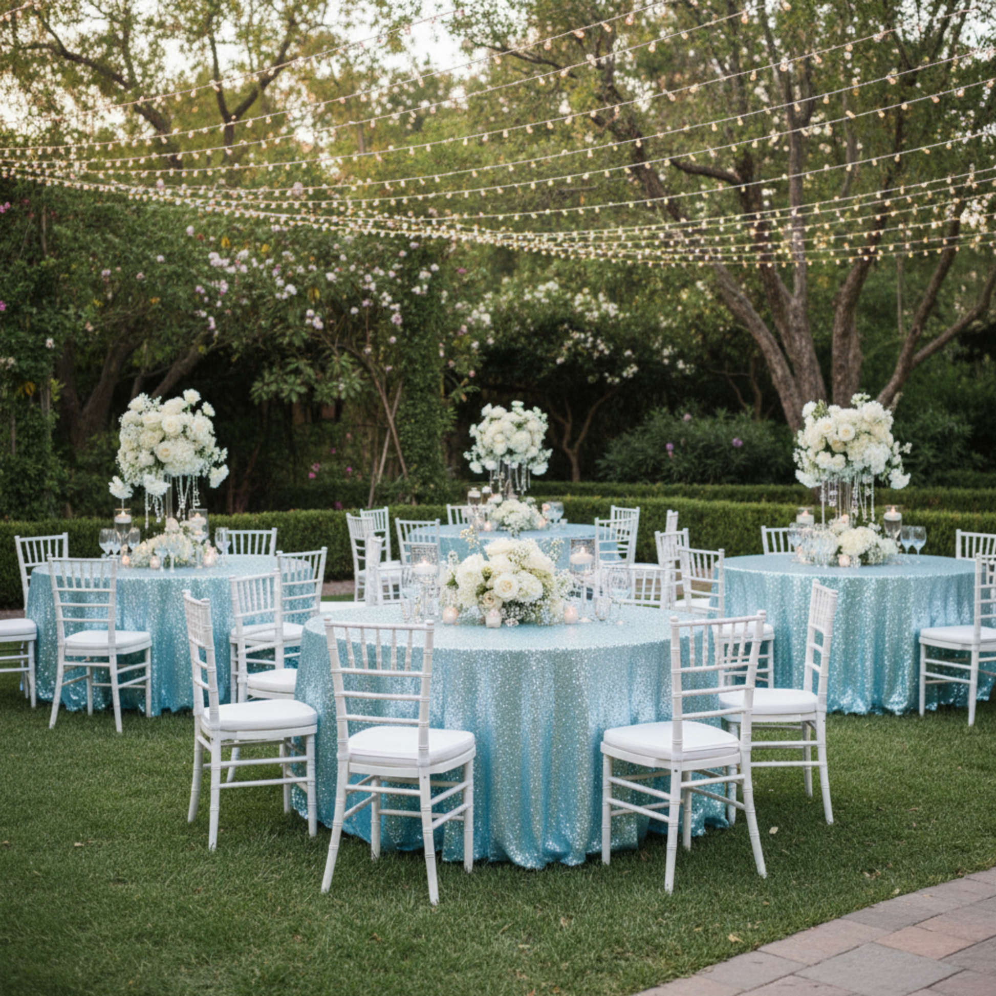 Outdoor Wedding Reception – Baby Blue 120 Round Glitz Sequin Tablecloth