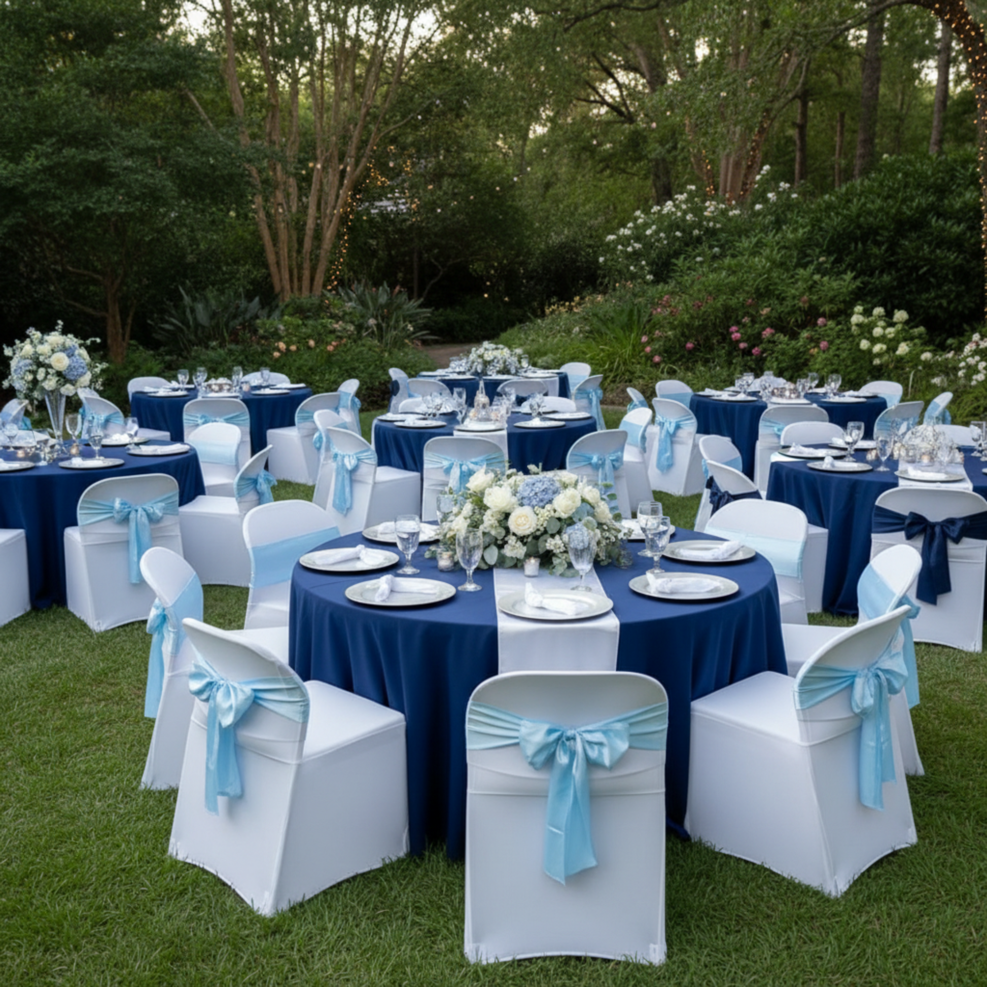 Outdoor Wedding Reception Baby Blue Satin Chair Sash