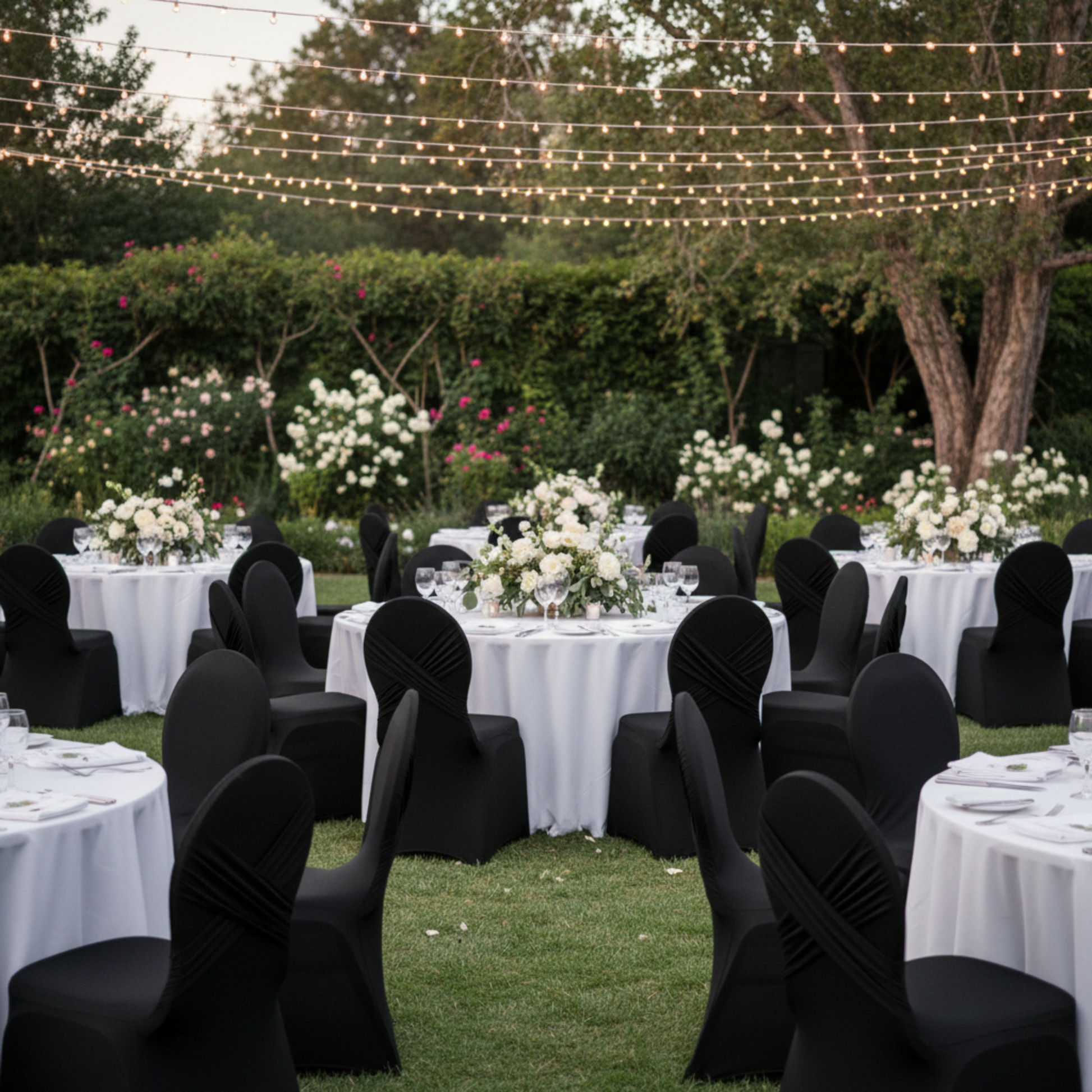 Outdoor Wedding Reception with Black Cross Back Stretch Spandex Chair Cover