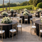 Outdoor Wedding Reception with Black Lamour Satin 120 Round Tablecloth