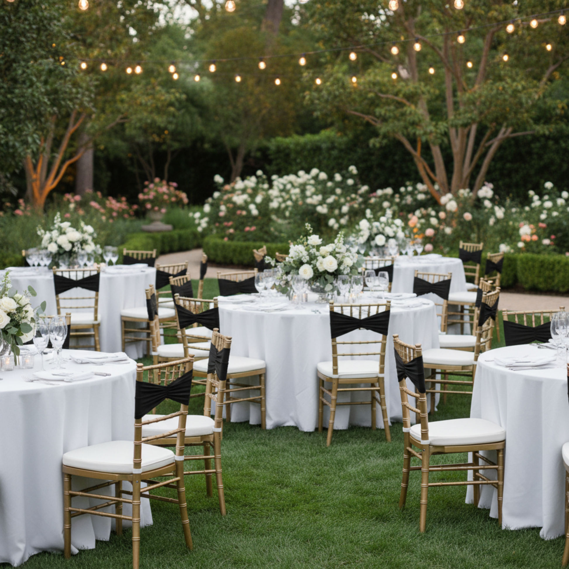 Outdoor Wedding Reception with Black Ruffled Spandex Chair Band