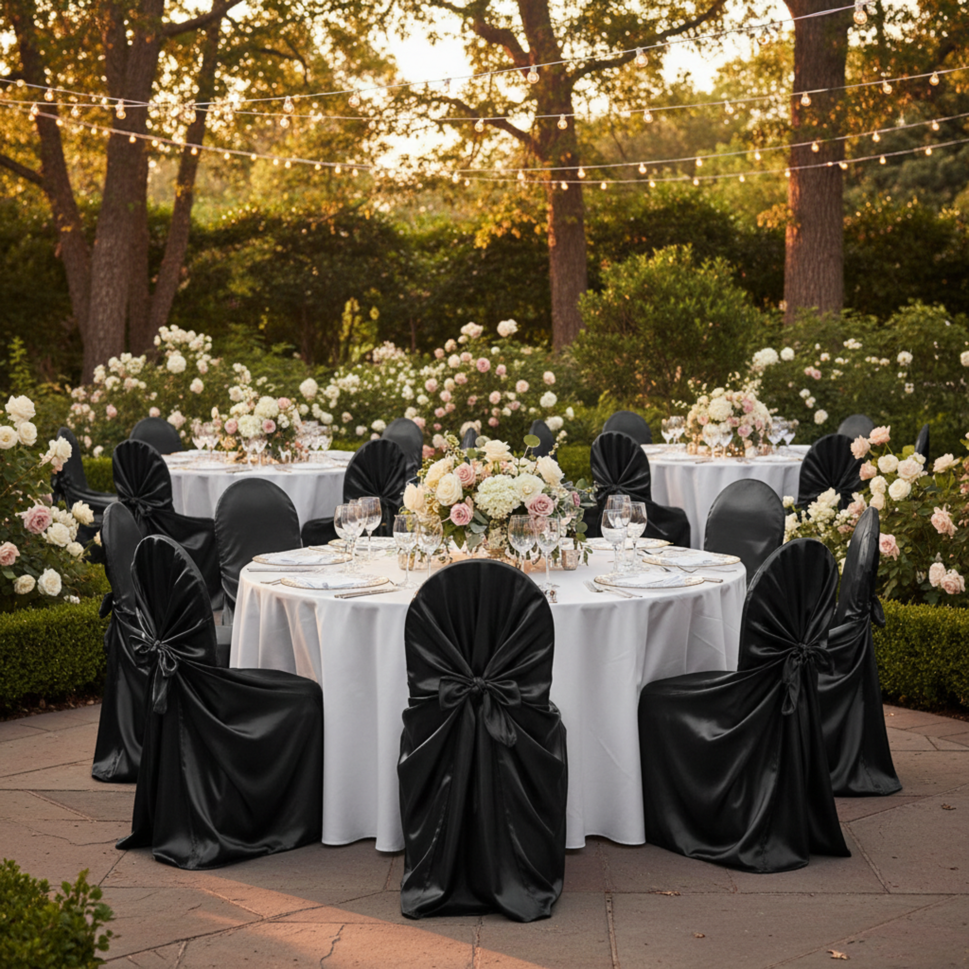 Outdoor Wedding Reception wiBlack Satin Universal Self tie Chair Cover