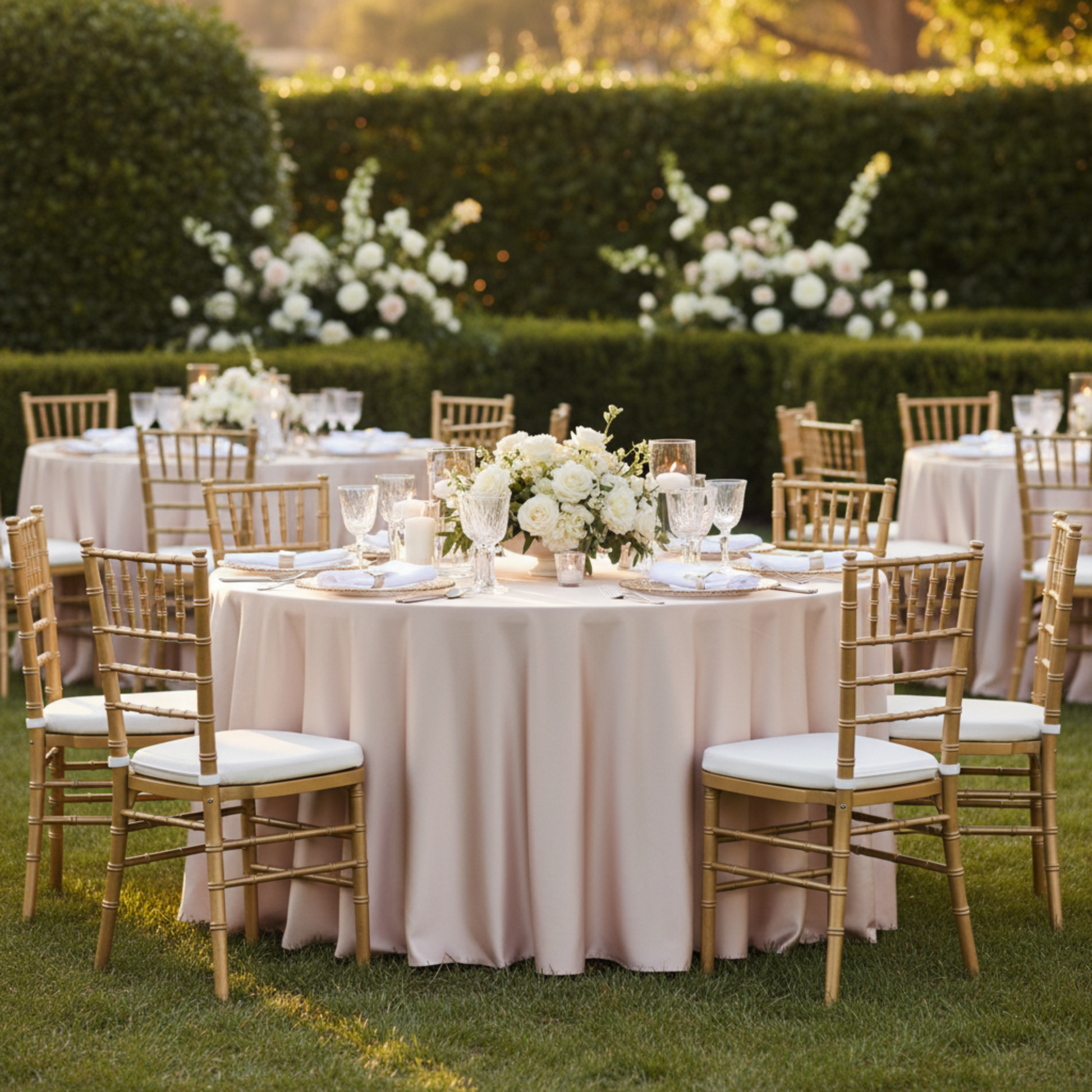 Outdoor Wedding Reception – Blush/Rose Gold 132 Round Satin Tablecloth