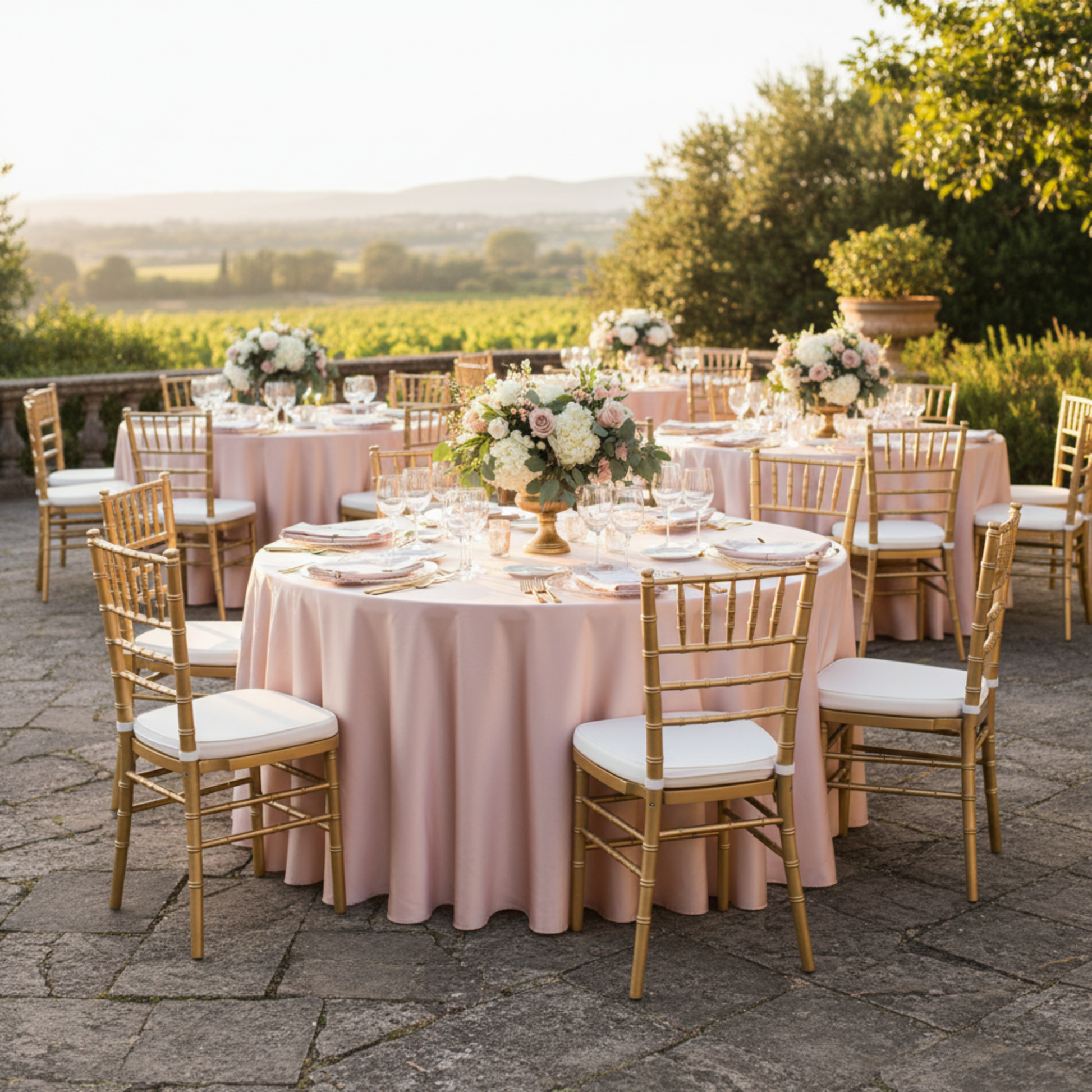 Outdoor Wedding Reception – Blush Rose Gold 132 Round Satin Tablecloth
