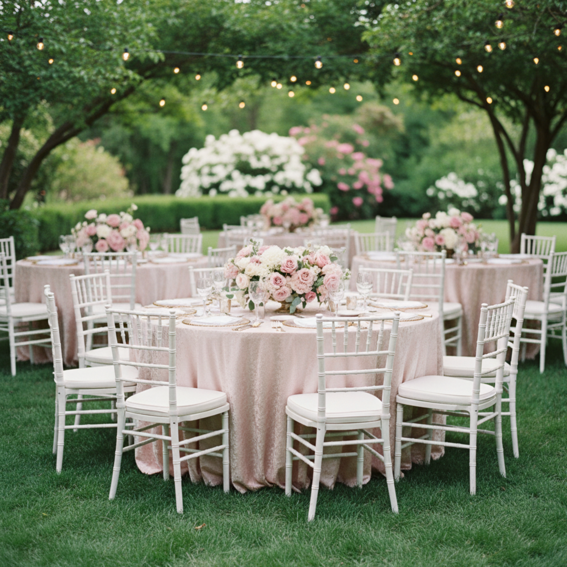 Outdoor Wedding Reception Blush/Rose Gold Crinkle Shimmer 132" Round Tablecloth