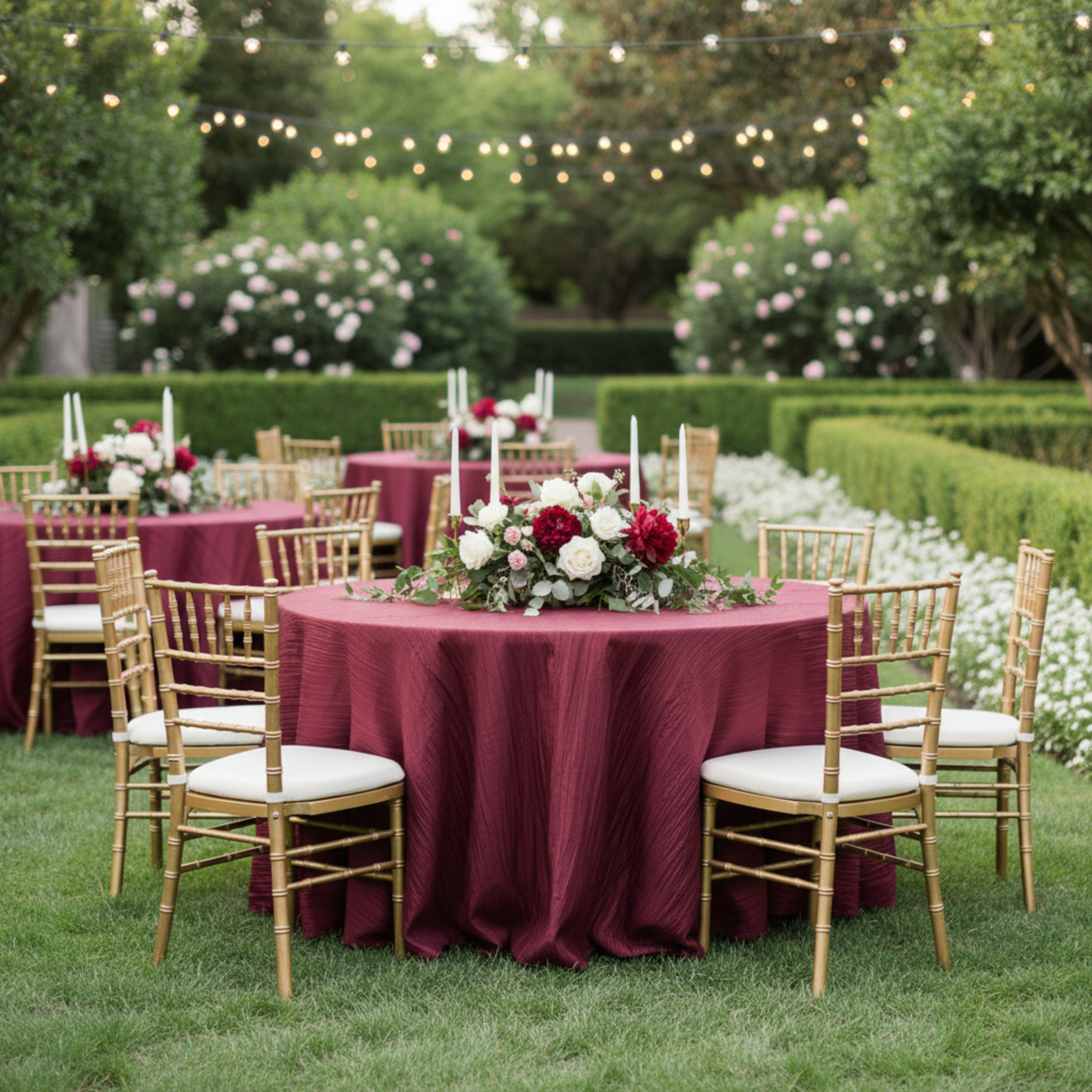 Outdoor Wedding Reception – Burgundy 132 Round Accordion Crinkle Taffeta Tablecloth