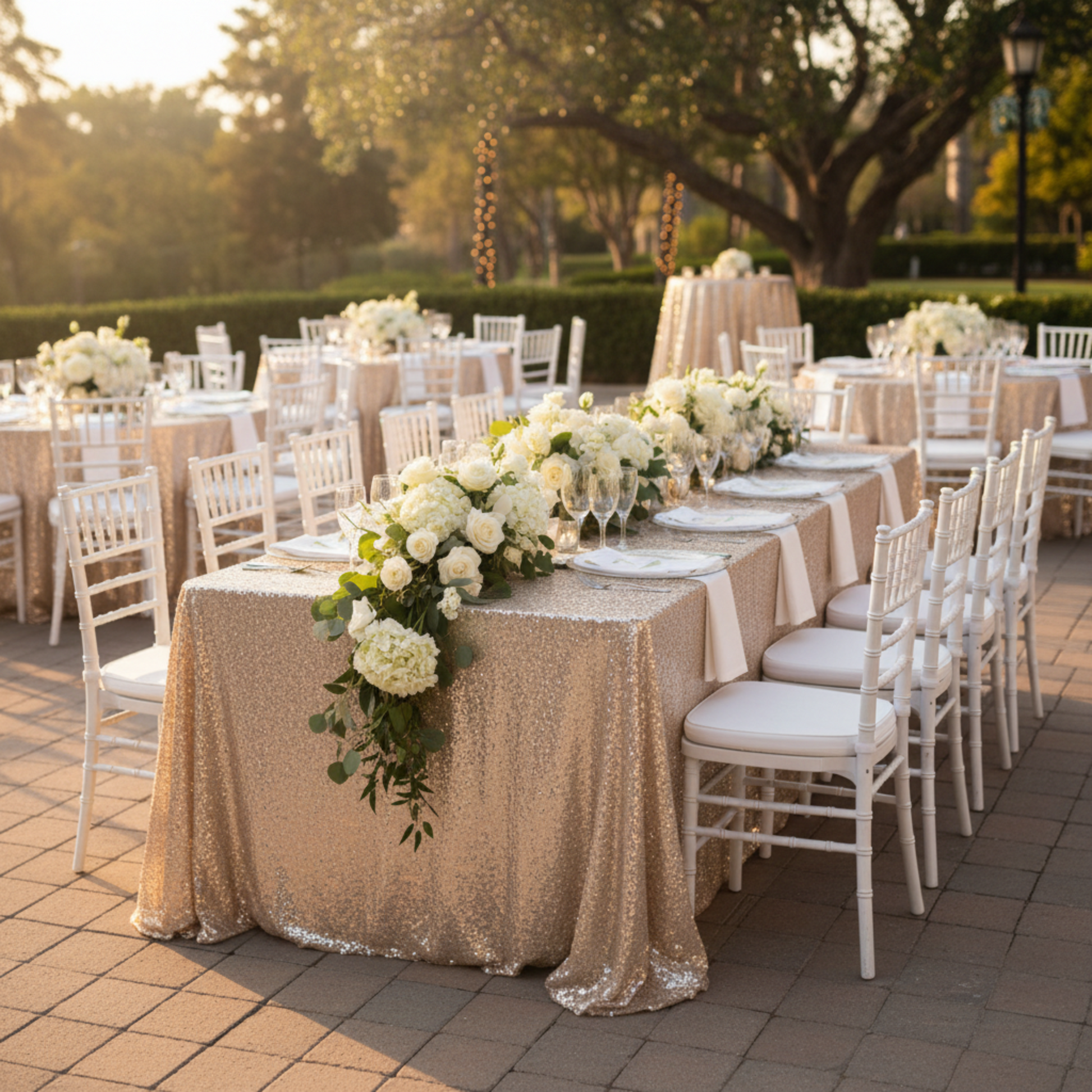 Outdoor Wedding Reception – Champagne  90x156 Glitz Sequin Rectangular Tablecloth