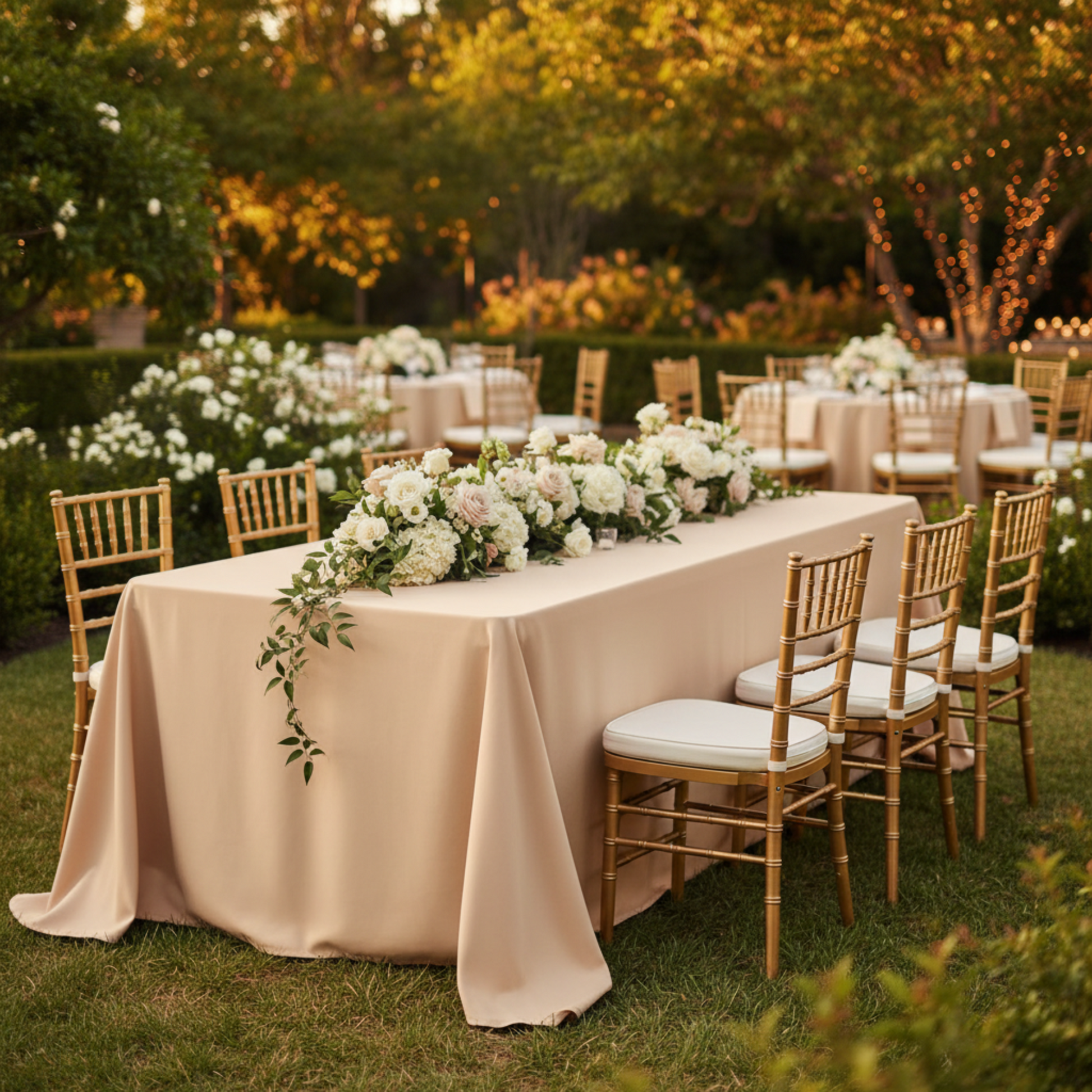Outdoor Wedding Reception – Champagne 90x156  Premium Polyester Tablecloth