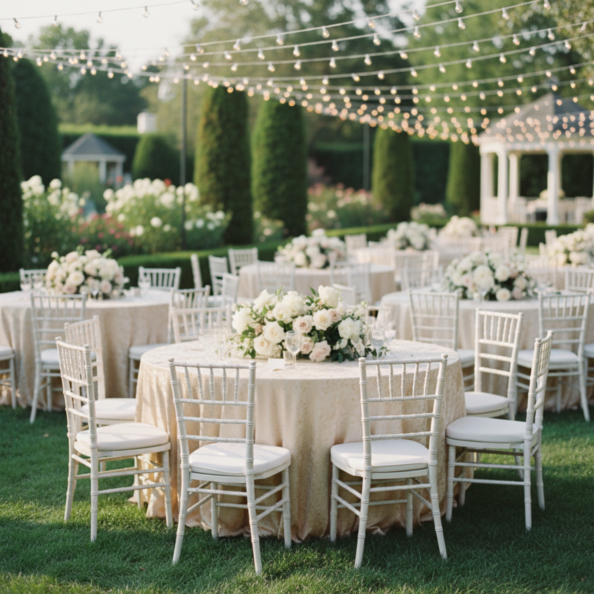 Outdoor Wedding Reception – Champagne Crinkle Shimmer 120 Round Tablecloth