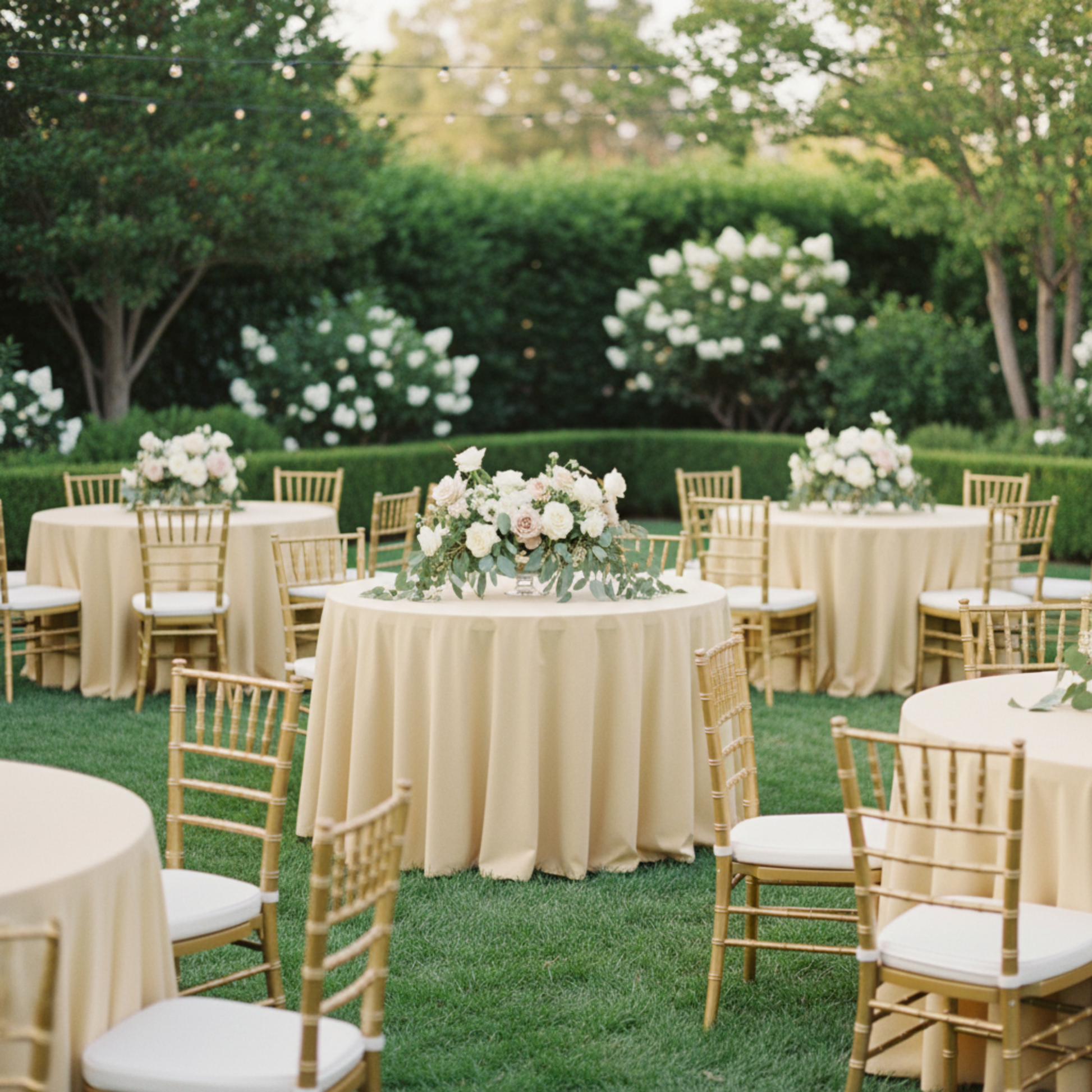 Outdoor Wedding Reception – Champagne  120 Round Scuba Tablecloth