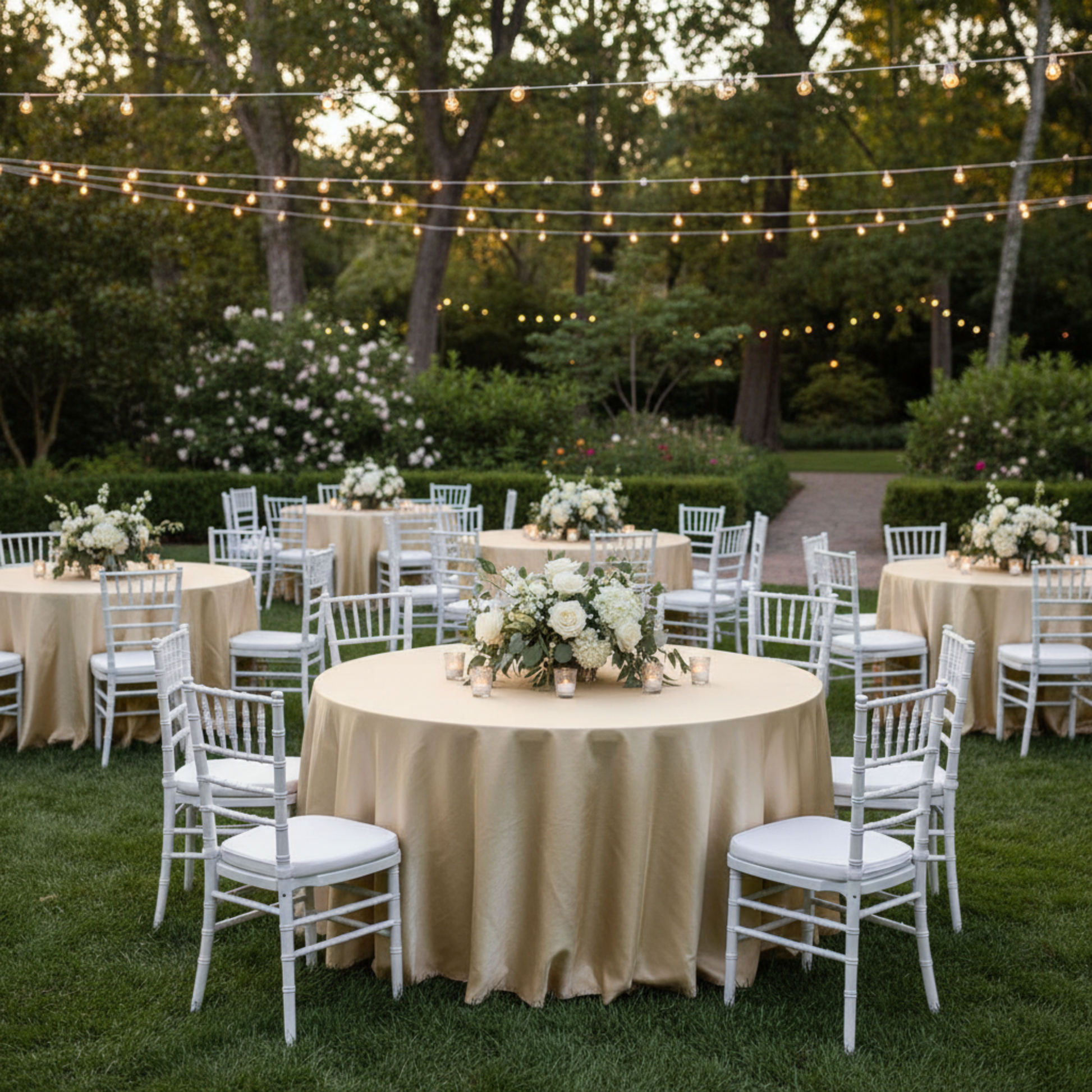 Outdoor Wedding Reception – Champagne Taffeta 132 Round Tablecloth