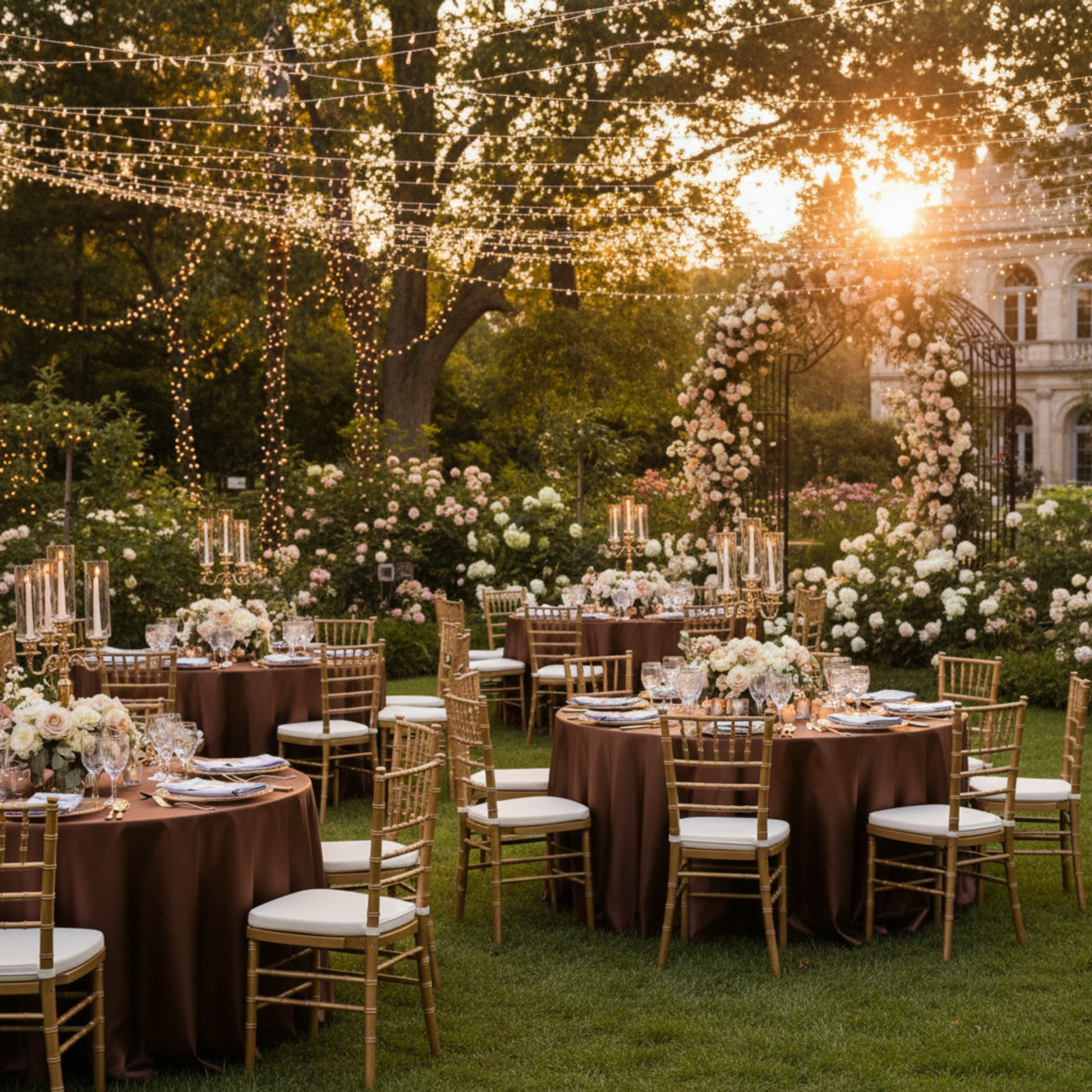 Outdoor Wedding Reception with Chocolate Brown 132 Round Satin Tablecloth