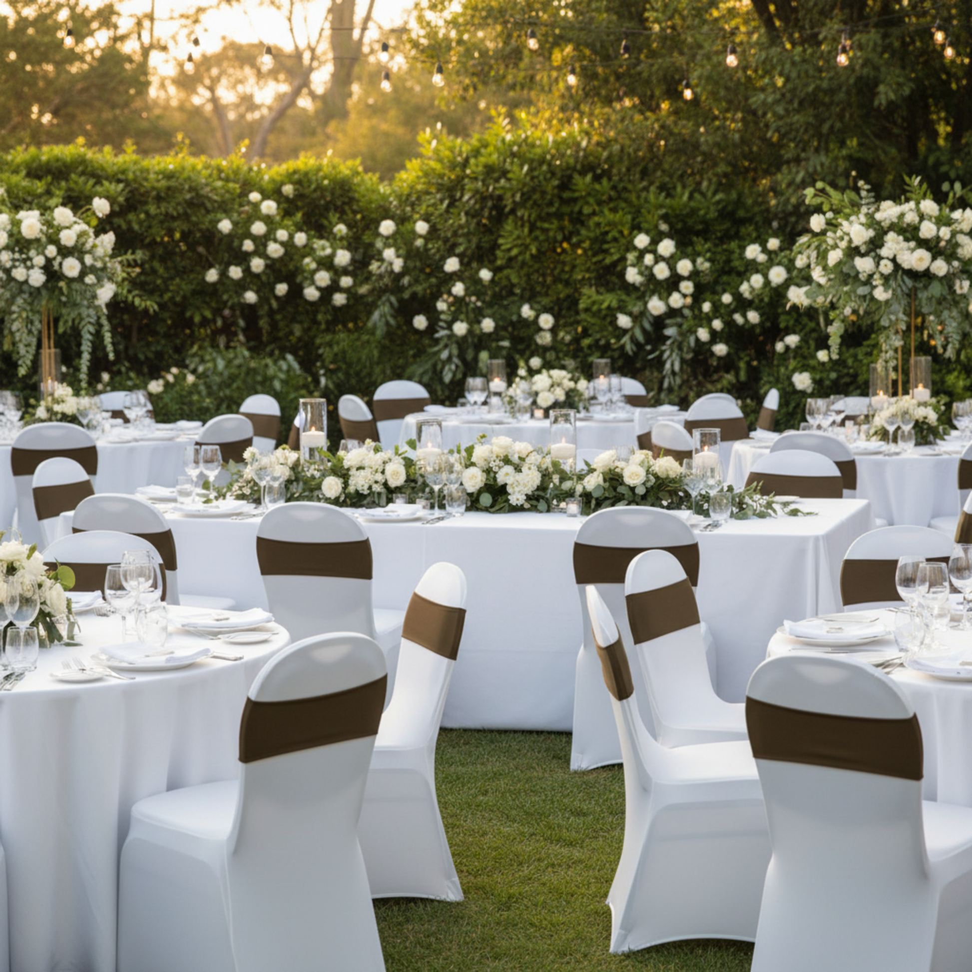 Outdoor Wedding Reception – Chocolate Brown Spandex Chair Band
