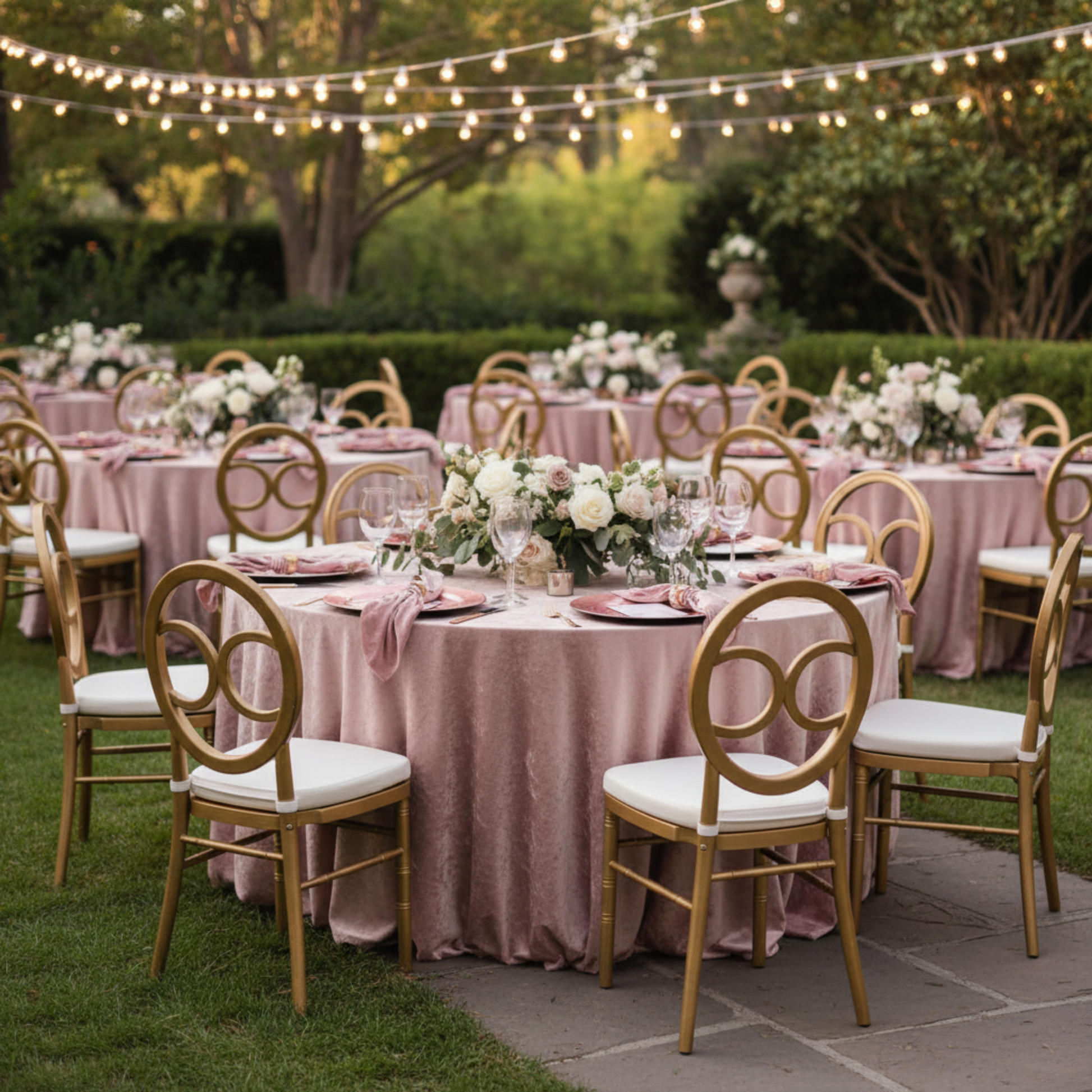 Outdoor Wedding Reception with Dusty Rose Mauve Velvet Napkin