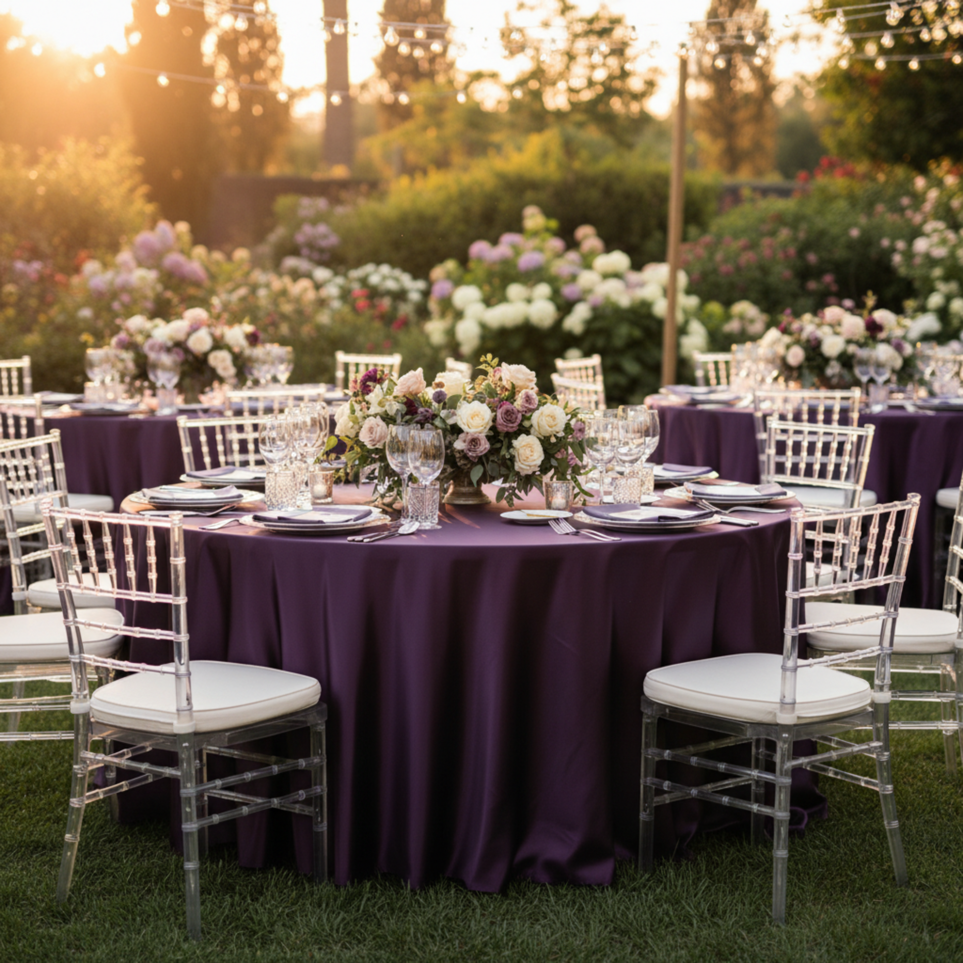Outdoor Wedding Reception – Eggplant/Plum 132 Round Satin Tablecloth